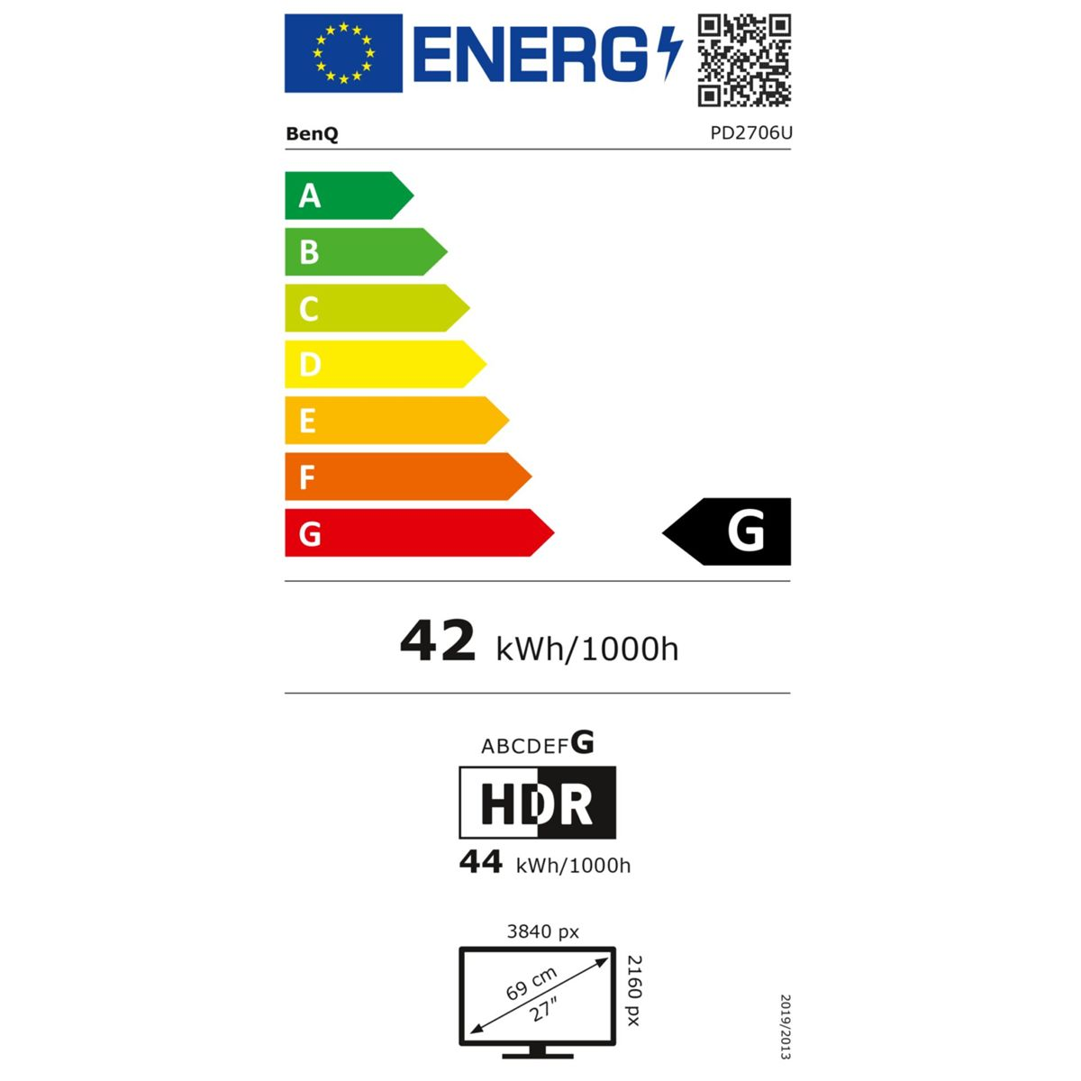 Etykieta energetyczna monitora. Wyświetla klasy efektywności energetycznej od A do G. Pokazuje zużycie energii i informacje HDR. Zawiera wymiary monitora.