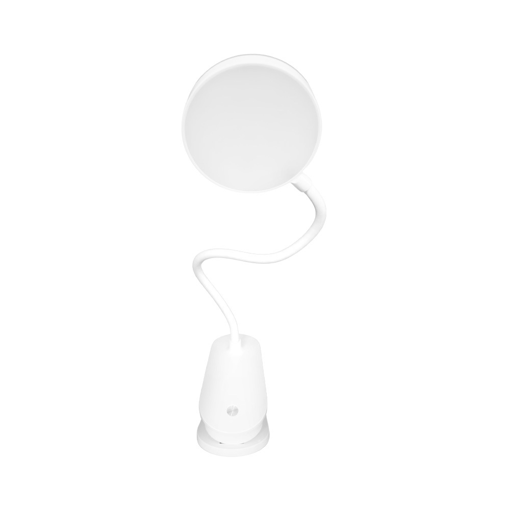 Una lampada bianca a clip con luce rotonda e collo flessibile. La base è a clip. Sfondo bianco.