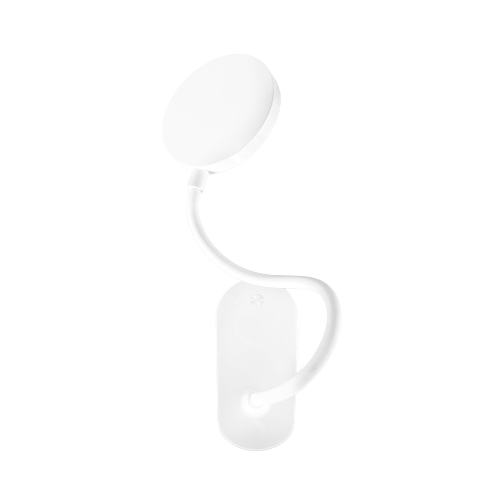 Una lampada bianca a clip. Ha una luce rotonda e un collo flessibile, la base è a clip. Sfondo bianco.