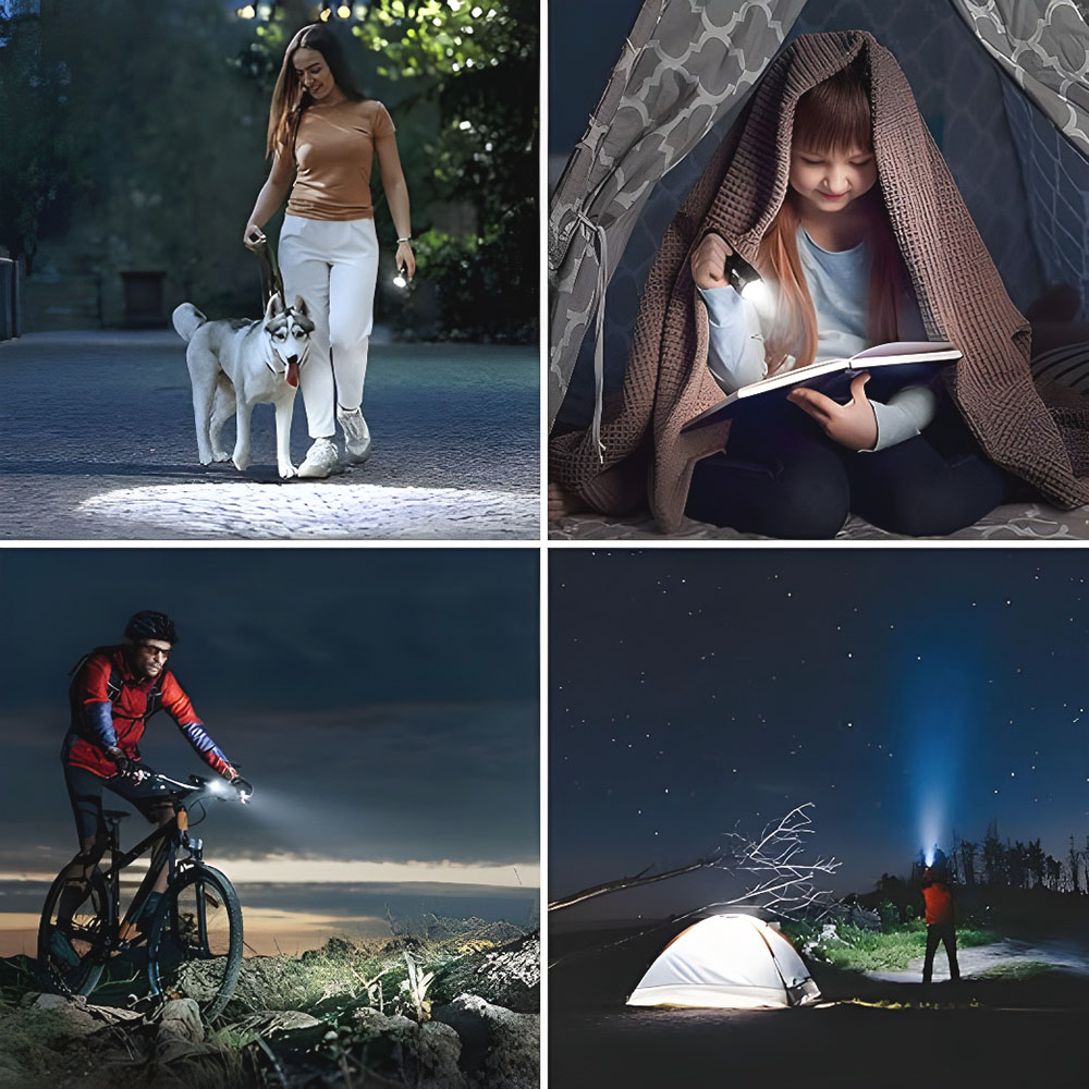 Collage di persone che usano torce: passeggiare con il cane, leggere, andare in bicicletta e campeggiare di notte.
