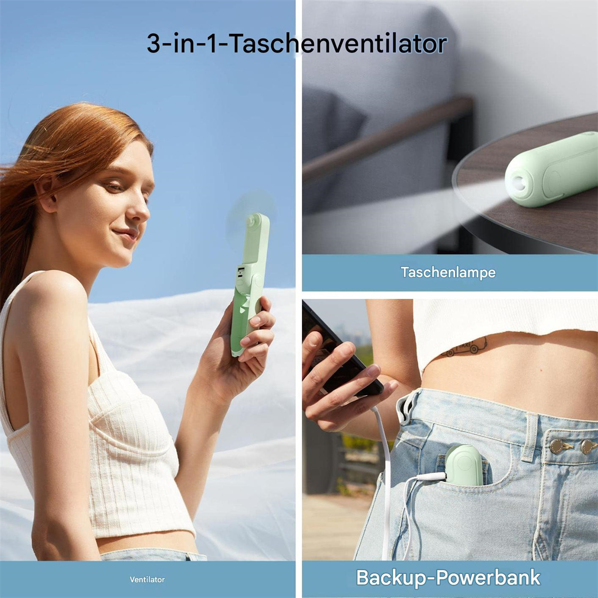 Eine Frau hält einen mintgrünen Ventilator. Andere Bilder zeigen den Ventilator als Taschenlampe und Powerbank.