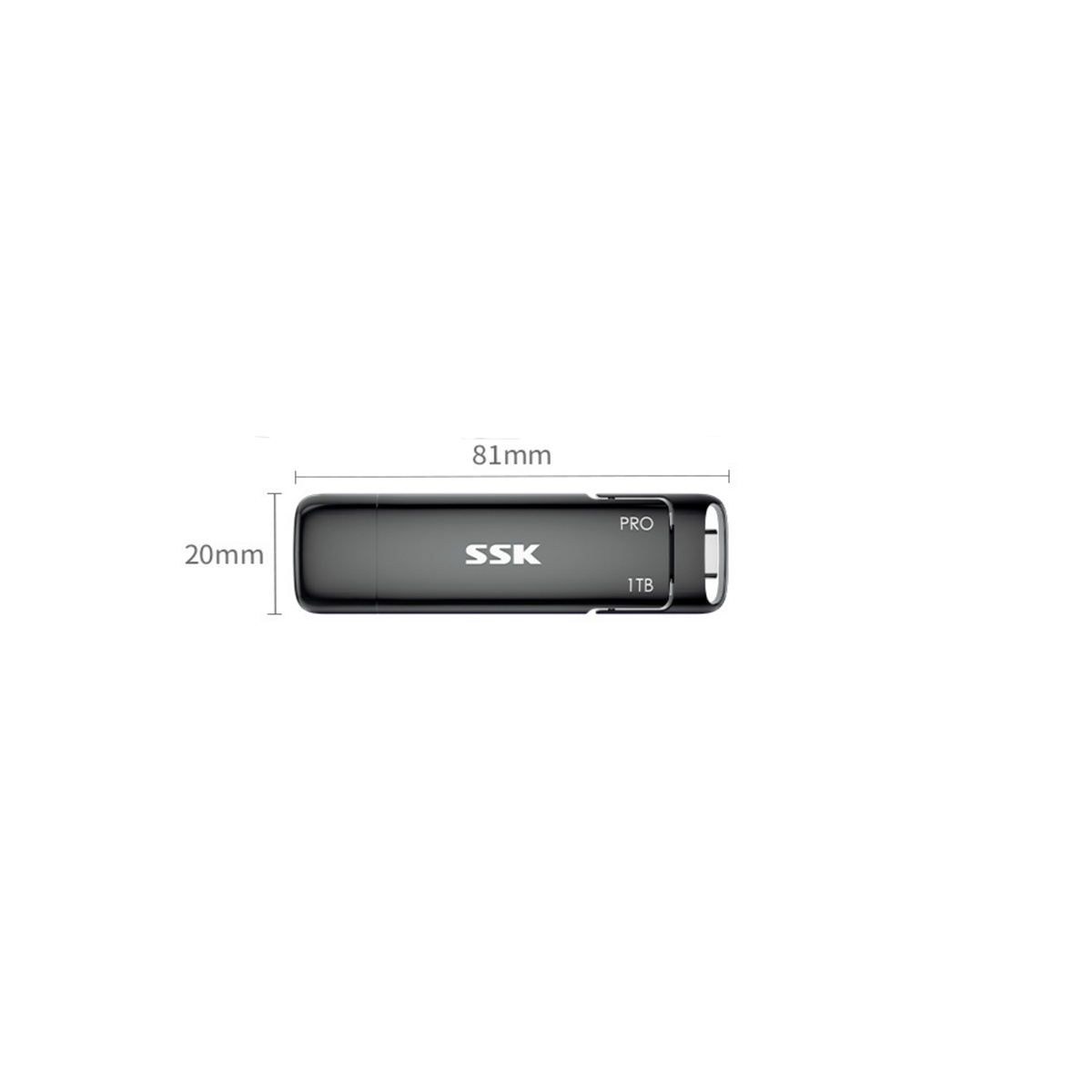 Ein schwarzer SSK Pro USB-Stick mit 1 TB Kapazität, mit Maßen auf weißem Hintergrund. Das Logo ist sichtbar.