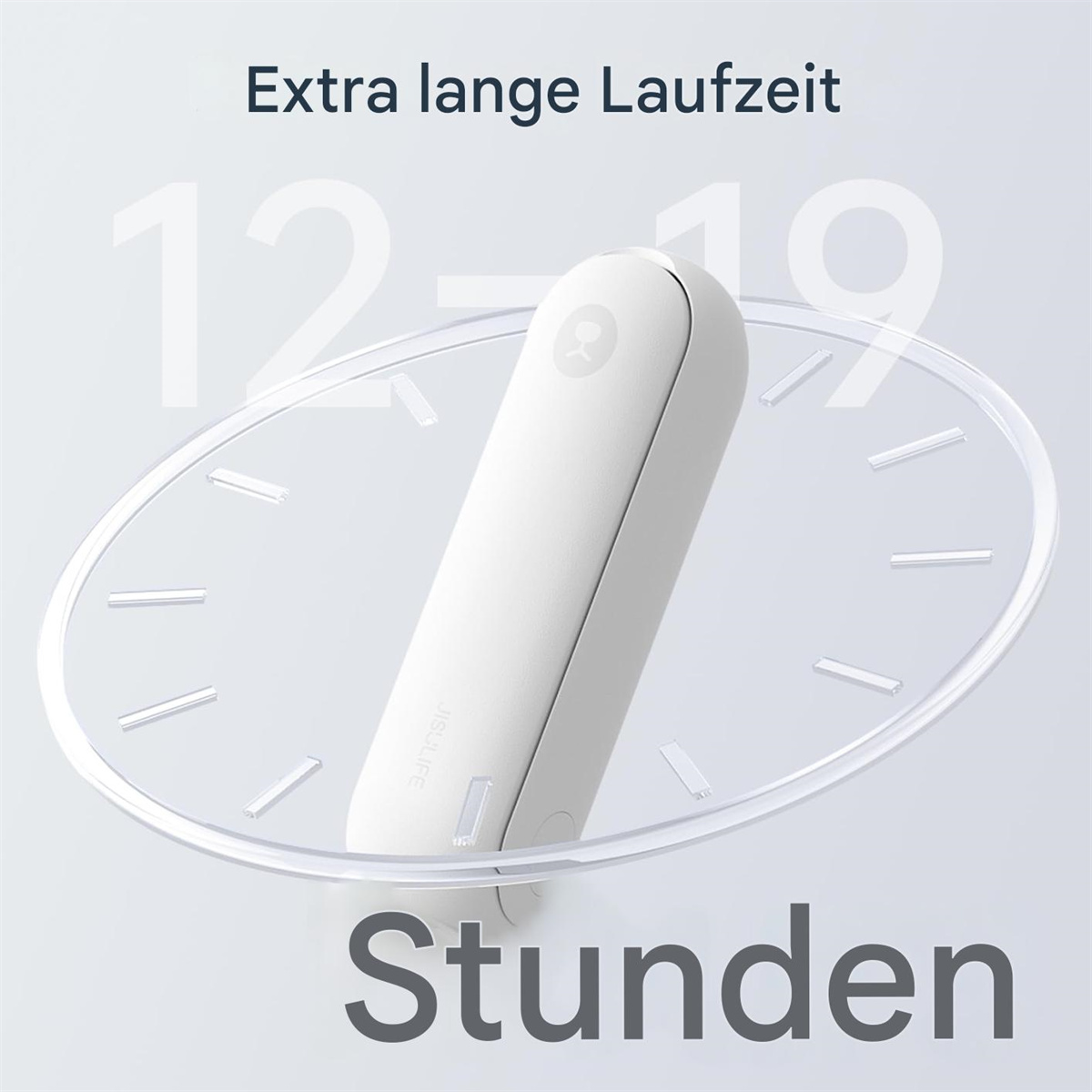 Ein weißes Gerät in einer Uhr. Die Uhr zeigt 12 Stunden. Das Wort 'Stunden' steht unten.