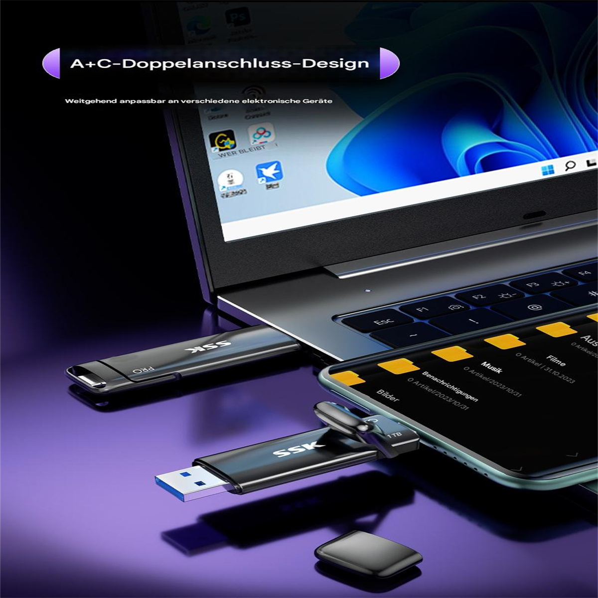 Ein Laptop, ein Telefon und zwei USB-Laufwerke sind angeschlossen. Die USB-Laufwerke haben das SSK-Logo und ein schwarzes Design.