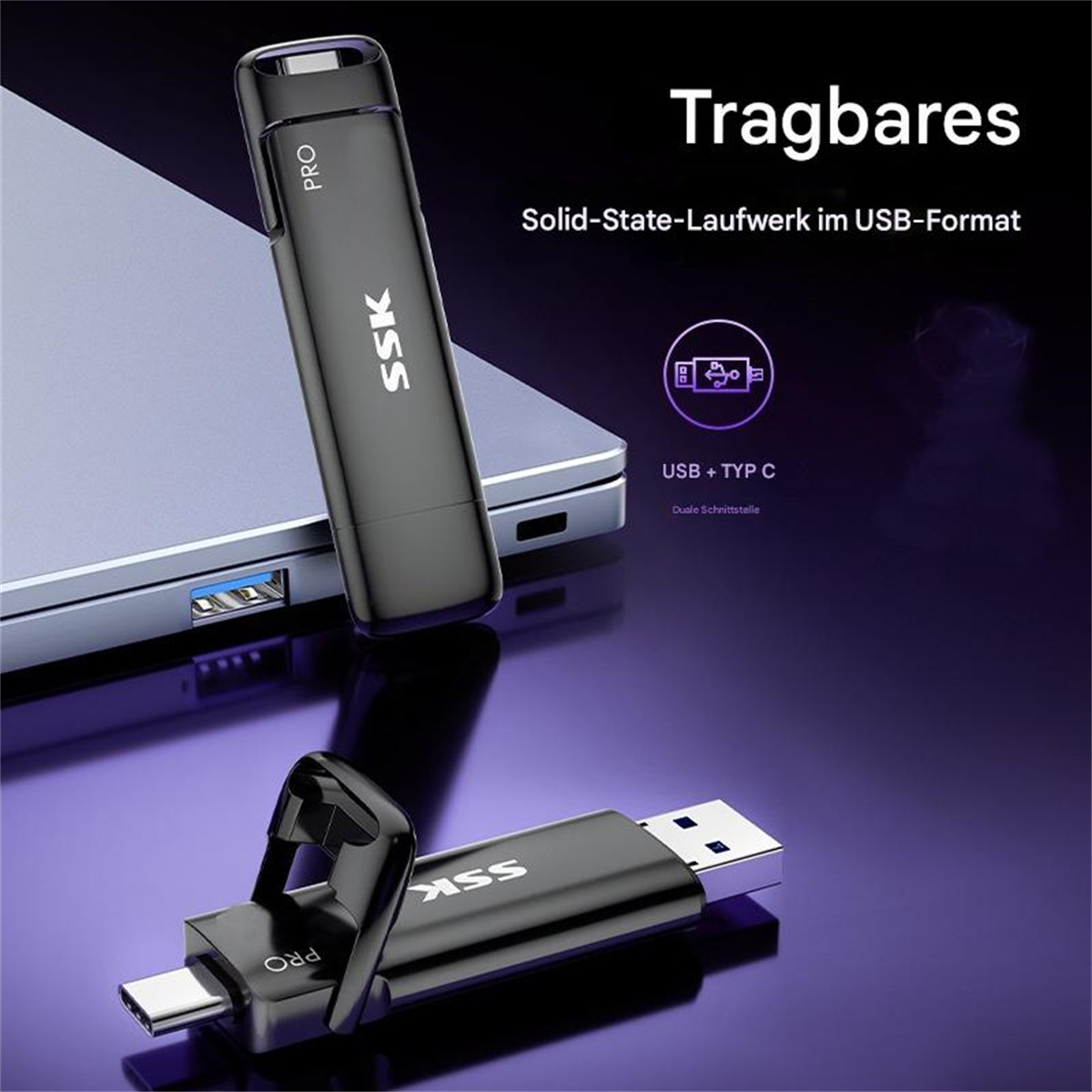 Zwei USB-Laufwerke mit dem SSK-Logo, eines ist mit einem Laptop verbunden. Das Design ist schwarz mit einem USB- und USB-C-Anschluss.