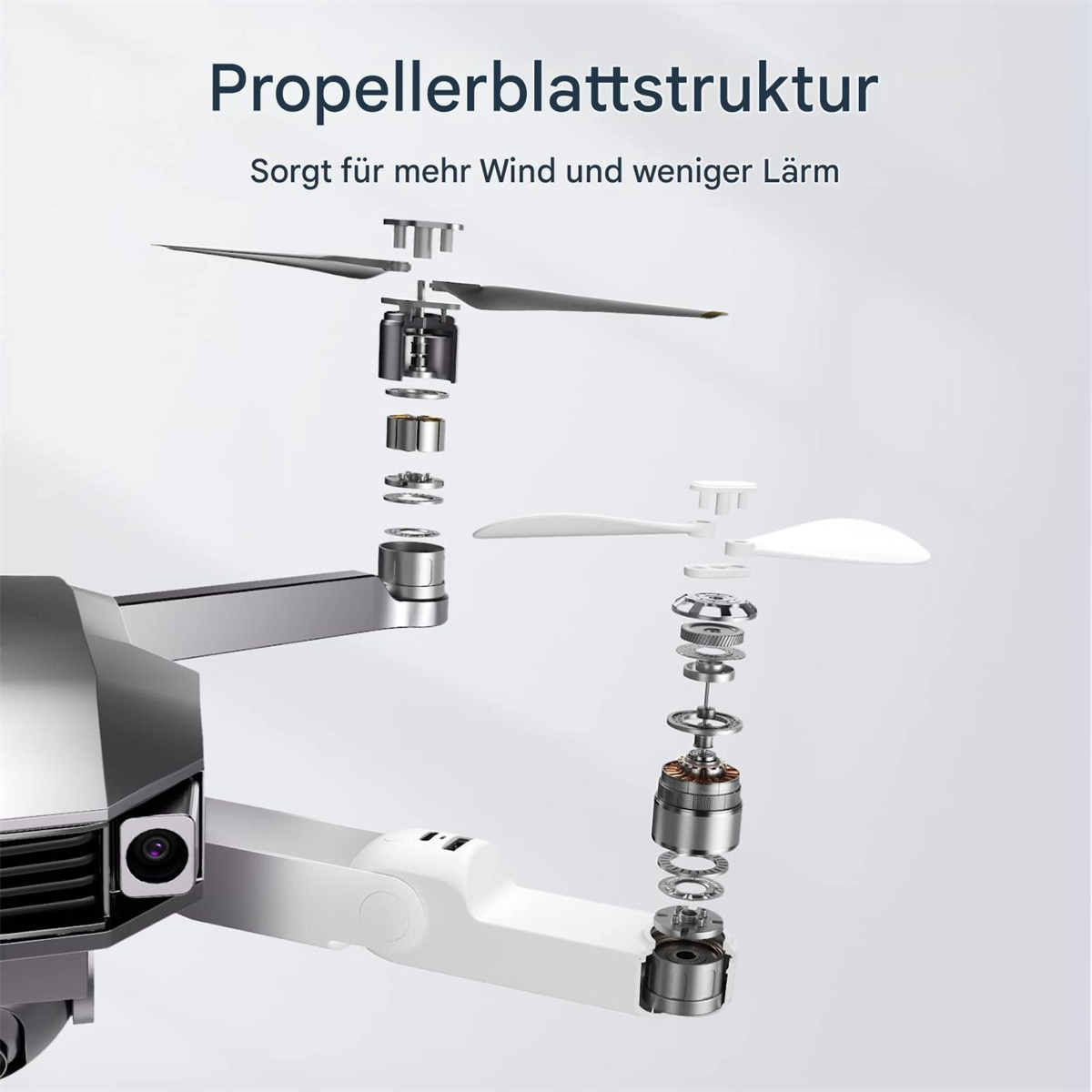 Eine Explosionsansicht einer Drohne. Teile der Drohne sind getrennt, die inneren Komponenten werden gezeigt.
