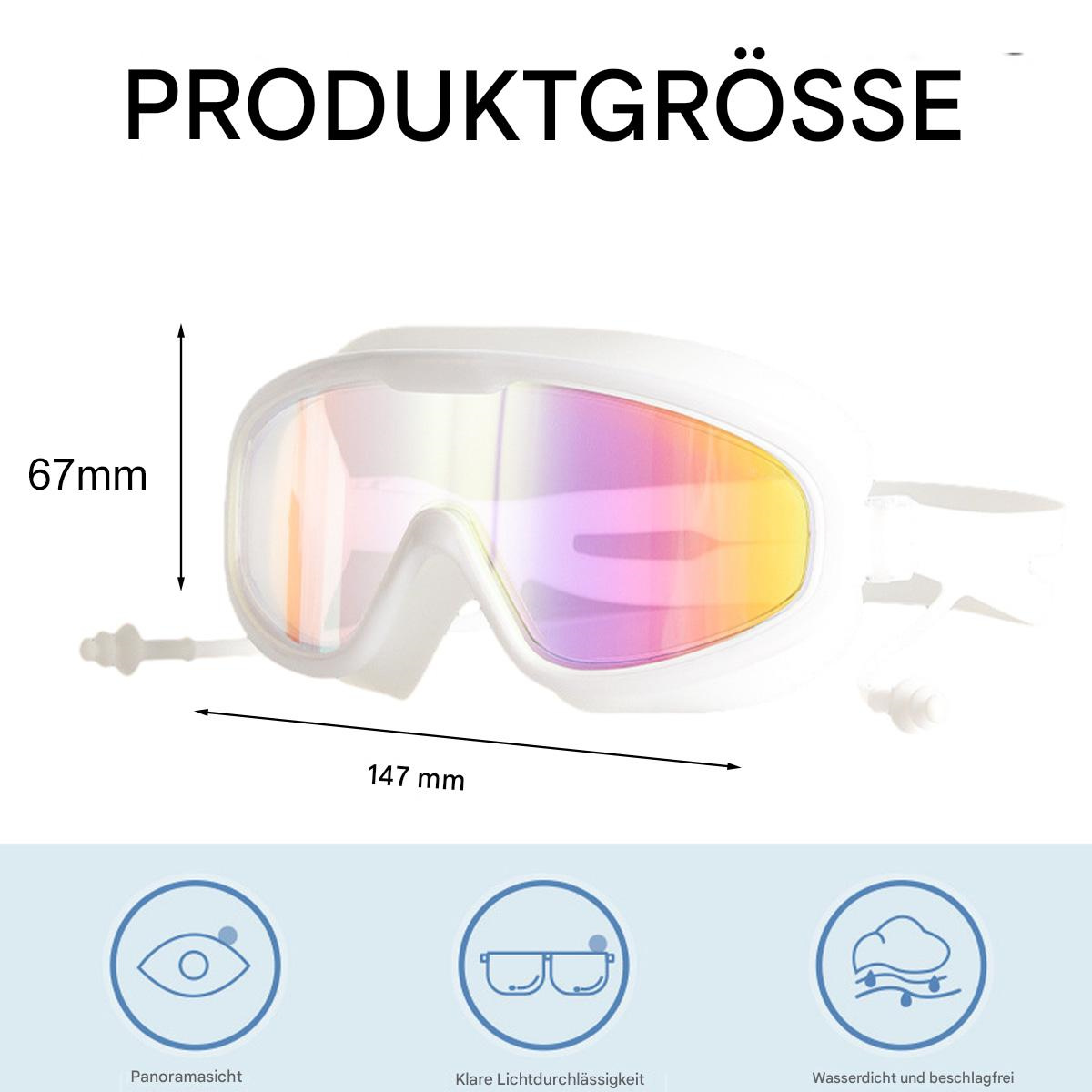 Weiße Schwimmbrille mit Text. Die Brille befindet sich auf weißem Hintergrund. Maße und Symbole sind sichtbar.