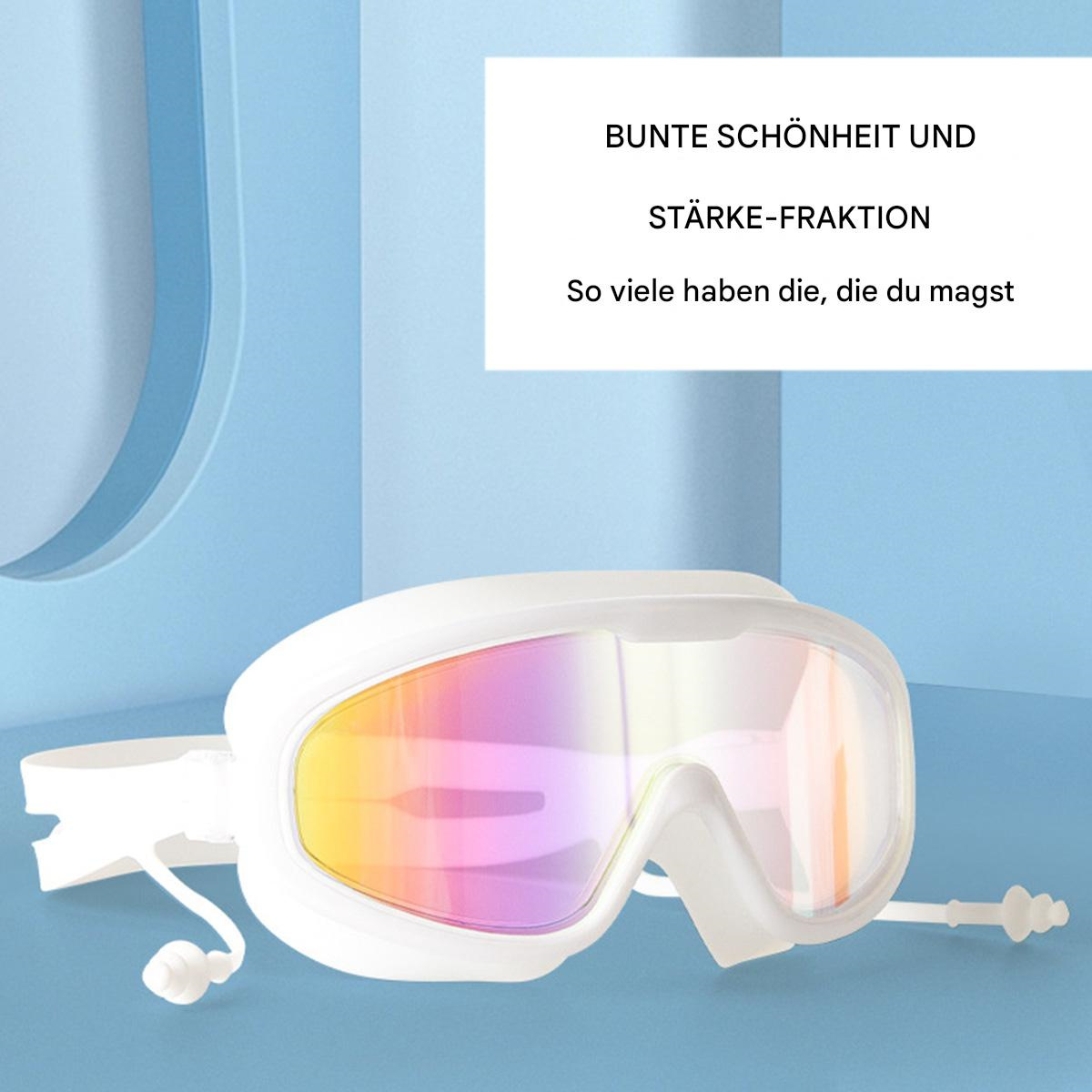 Weiße Schwimmbrille mit farbigen Gläsern. Die Brille befindet sich auf blauem Hintergrund. Text ist oben sichtbar.