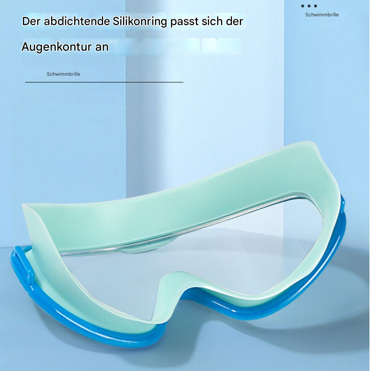 Ein blauer und türkisfarbener Schwimmbrillenrahmen. Der Rahmen ist leer. Text über die Abdichtung ist oben.