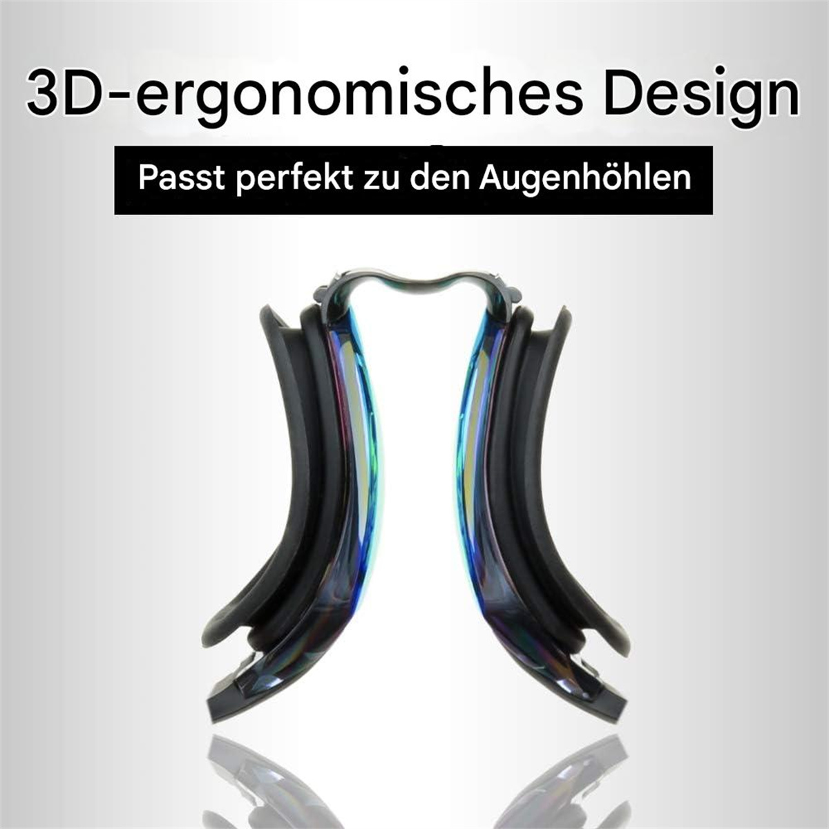 Schwimmbrille, schwarz und blau, wird im Nahaufnahme gezeigt. Der Text oben lautet '3D-ergonomisches Design'.