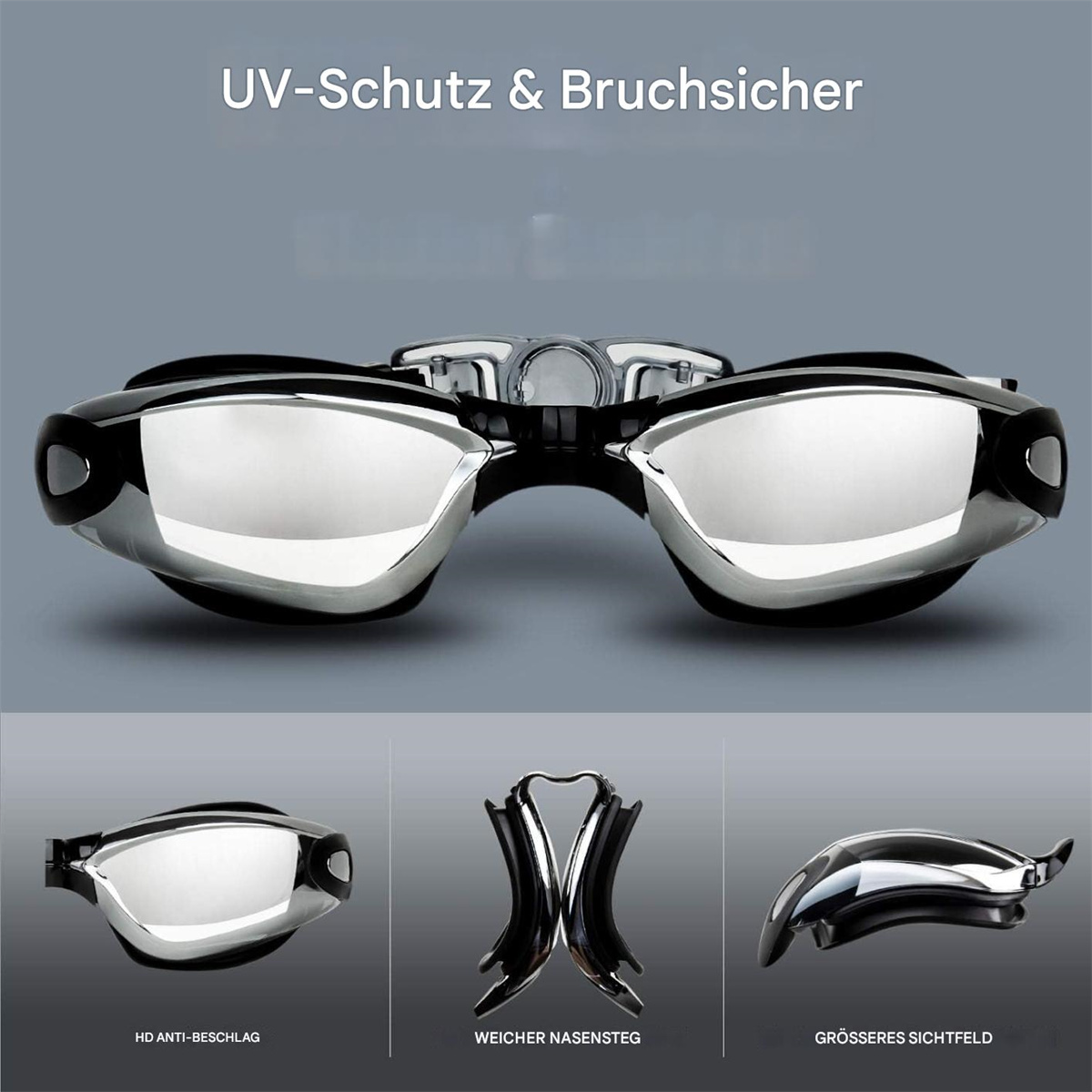 Schwimmbrille mit verspiegelten Gläsern und drei Detailansichten: HD-Antibeschlag, weicher Nasensteg, breitere Sicht.