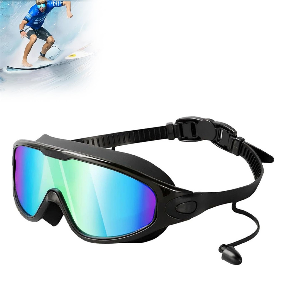 Schwarze Schwimmbrille mit Regenbogenlinsen im Fokus, Surfer auf einer Welle im Hintergrund.