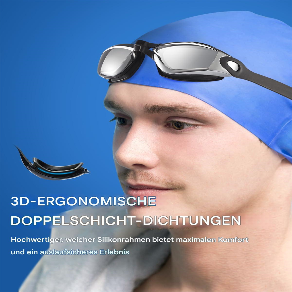 Mann mit blauer Badekappe und Brille, Text, der den Komfort und das auslaufsichere Design des Silikonrahmens hervorhebt.