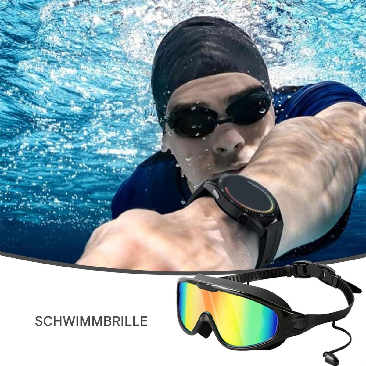 Ein Mann im Wasser mit Schwimmbrille und Uhr. Brille im Vordergrund, Regenbogenlinse zeigend.