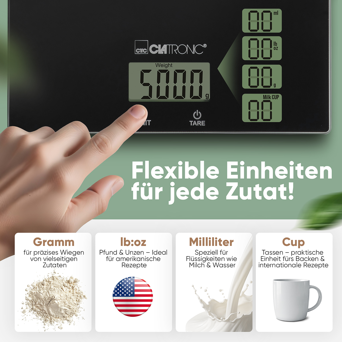 Una bilancia da cucina digitale nera con display che mostra 5000 g. Diverse unità di misura sono mostrate sotto.
