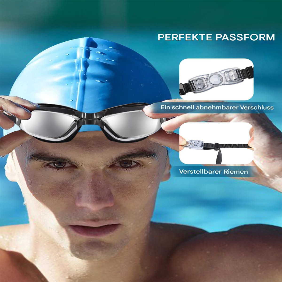 Ein Mann mit Schwimmbrille, Nahaufnahme. Text zeigt Schnellverschluss und verstellbare Riemen.
