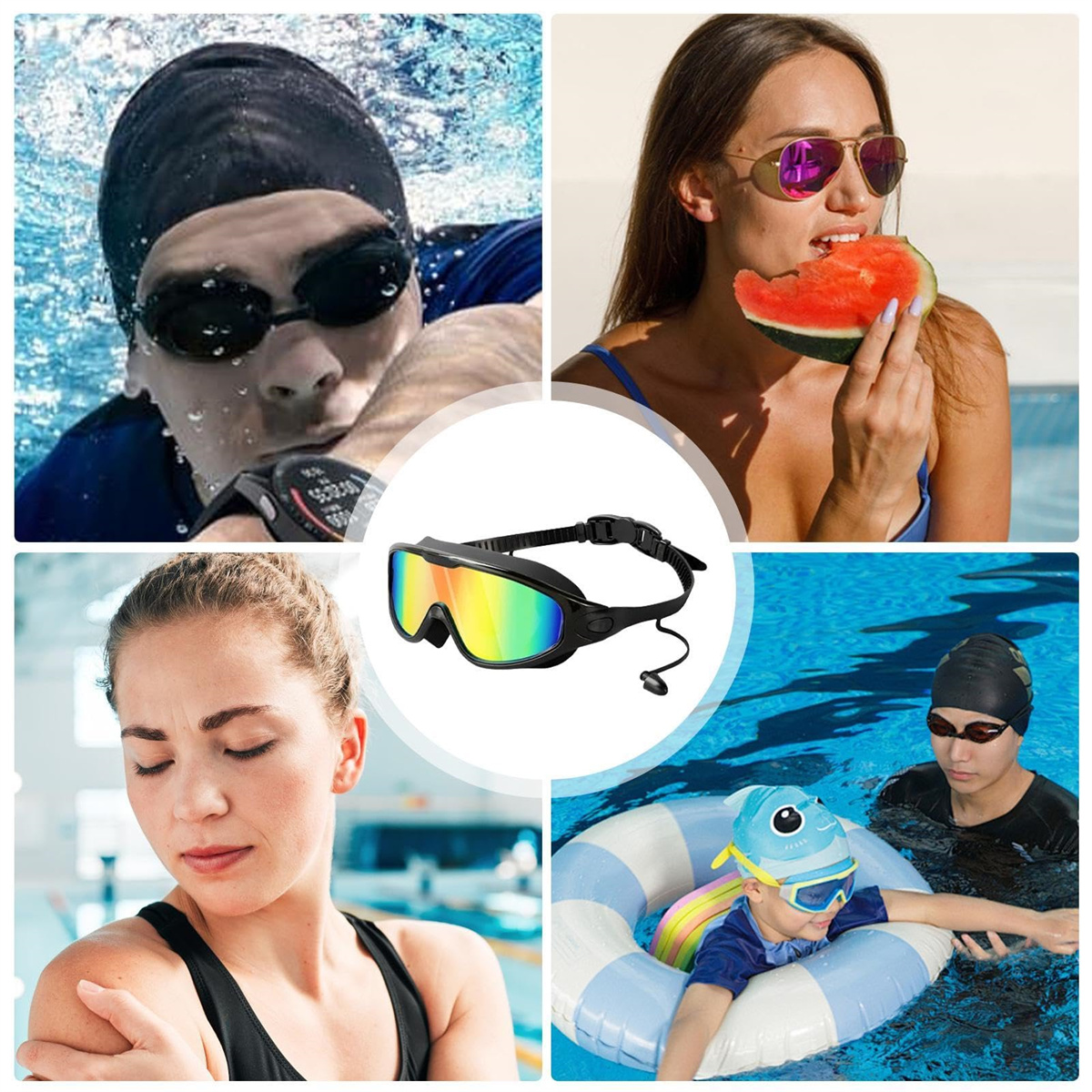 Eine Collage zeigt Personen in einem Pool, mit Brillen. Eine Person isst Wassermelone. Eine andere schwimmt mit Brille.