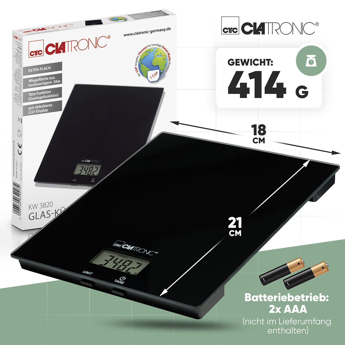 Eine schwarze Küchenwaage mit Digitalanzeige und Markenlogo. Abmessungen und Batterieinformationen sind sichtbar.