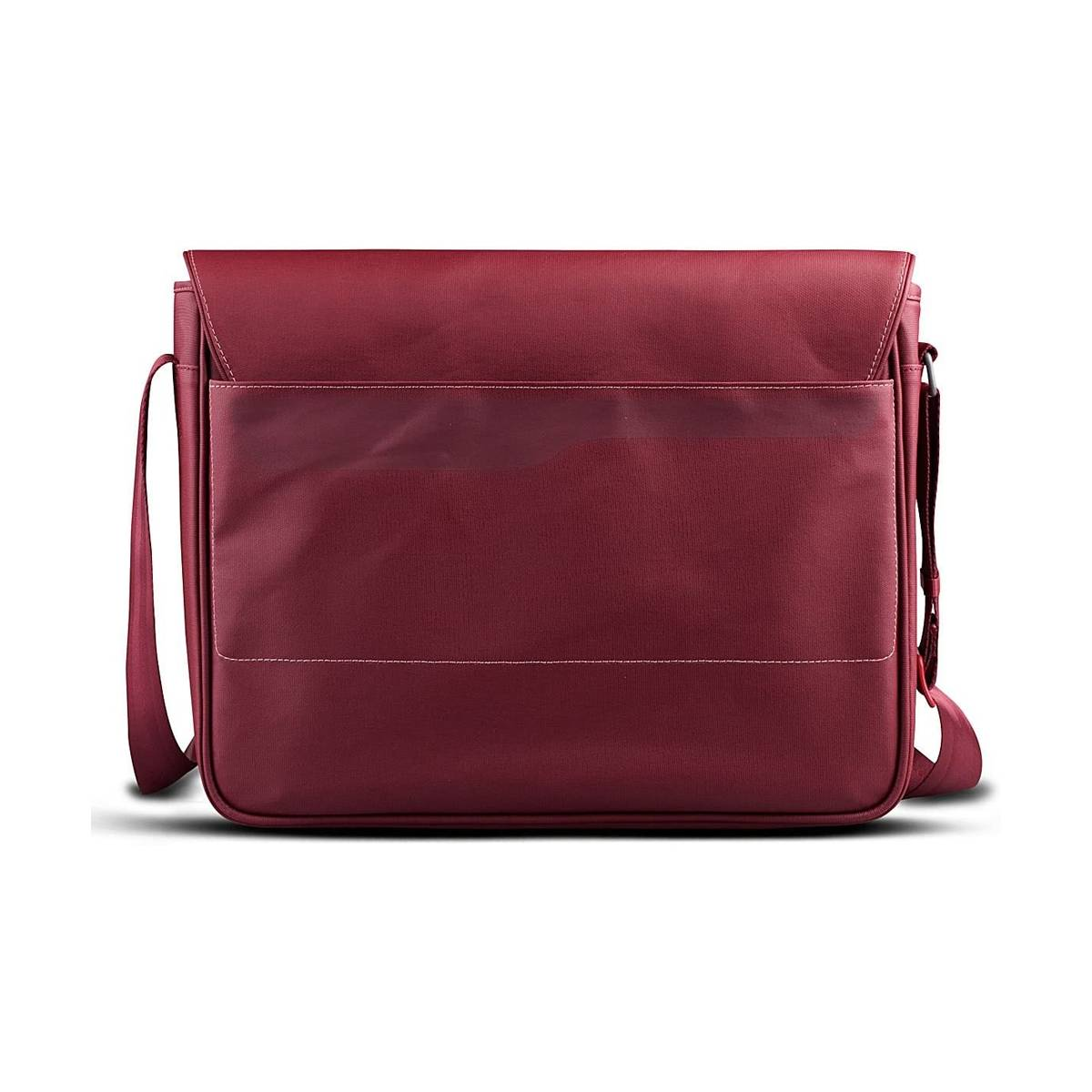 Un sac messager bordeaux, avec un rabat et une bandoulière, est présenté sur fond blanc.