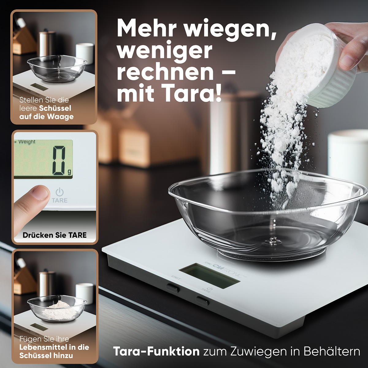 Eine Frau benutzt eine digitale Küchenwaage, zeigt die Tara-Funktion mit Mehl, das in eine Schüssel gegeben wird.