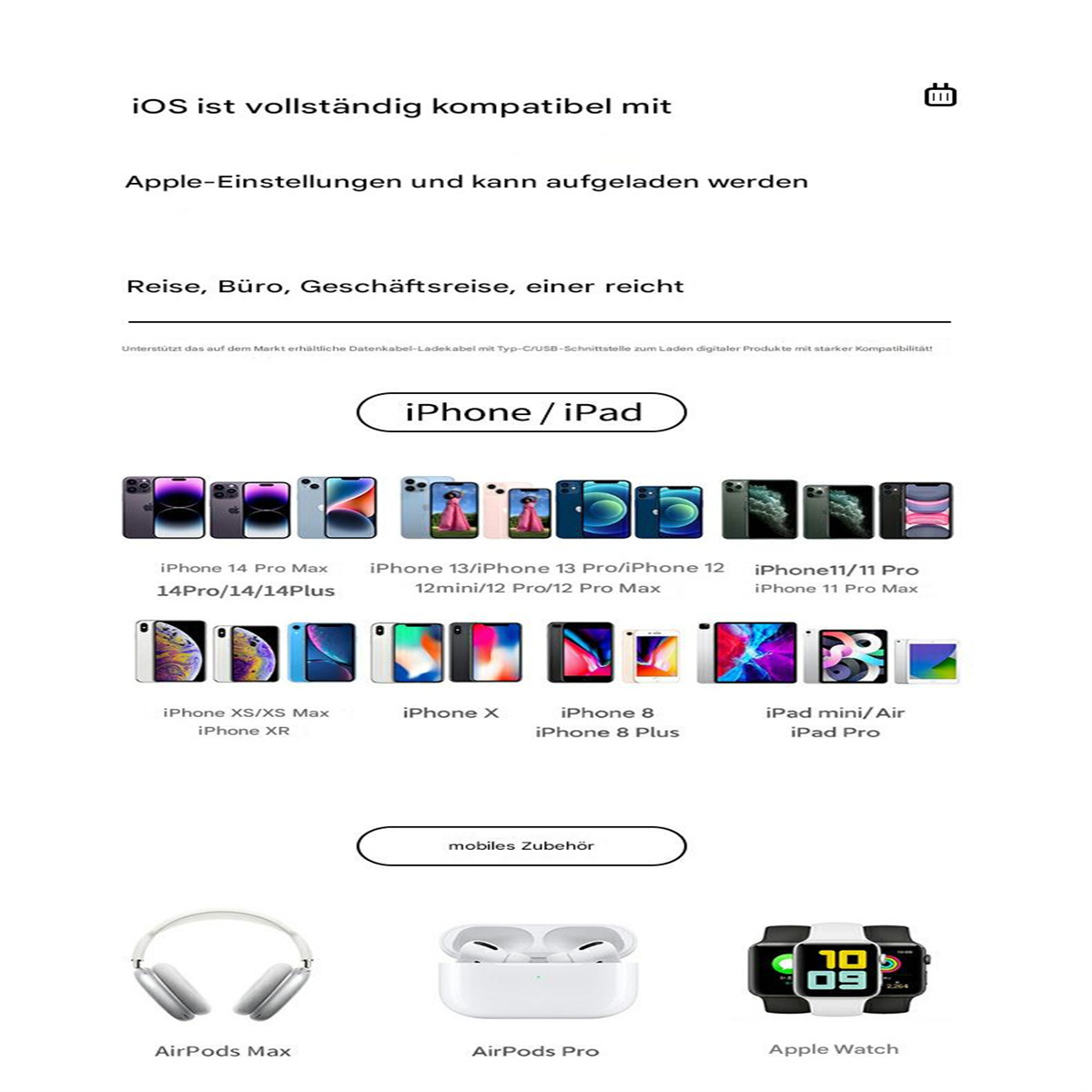 Verschiedene iPhones, iPads und Zubehör wie AirPods und Apple Watch, vor weißem Hintergrund dargestellt.