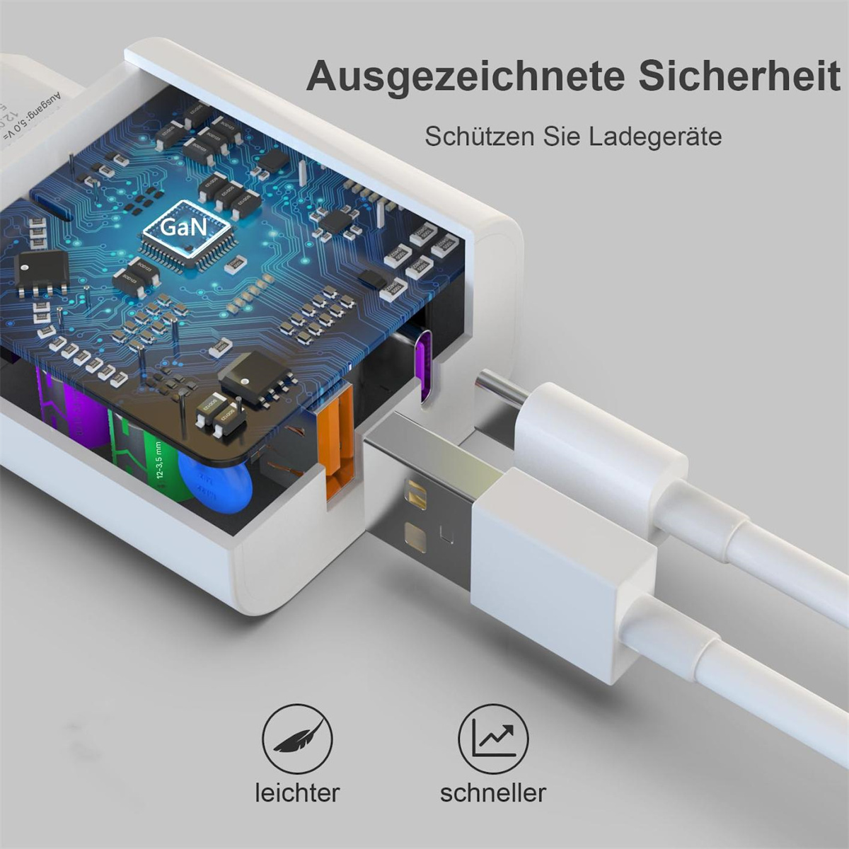 Ein weißes Ladegerät mit offenem Design, das interne Komponenten und ein USB-C-Kabel mit USB-A-Adapter zeigt.