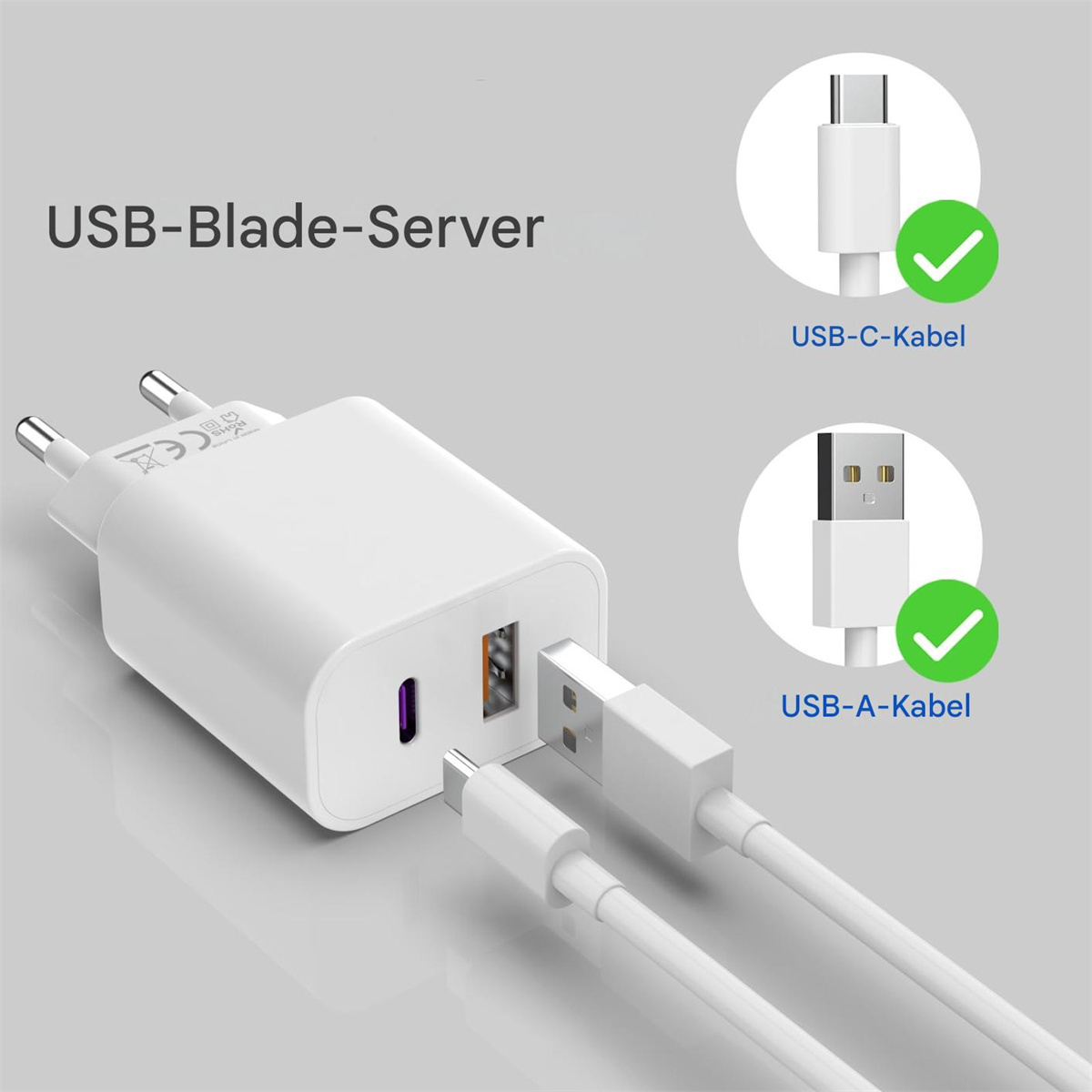 Weißes Ladegerät mit zwei Kabeloptionen, USB-C und USB-A, beide mit Häkchen. Das Ladegerät ist eingesteckt.