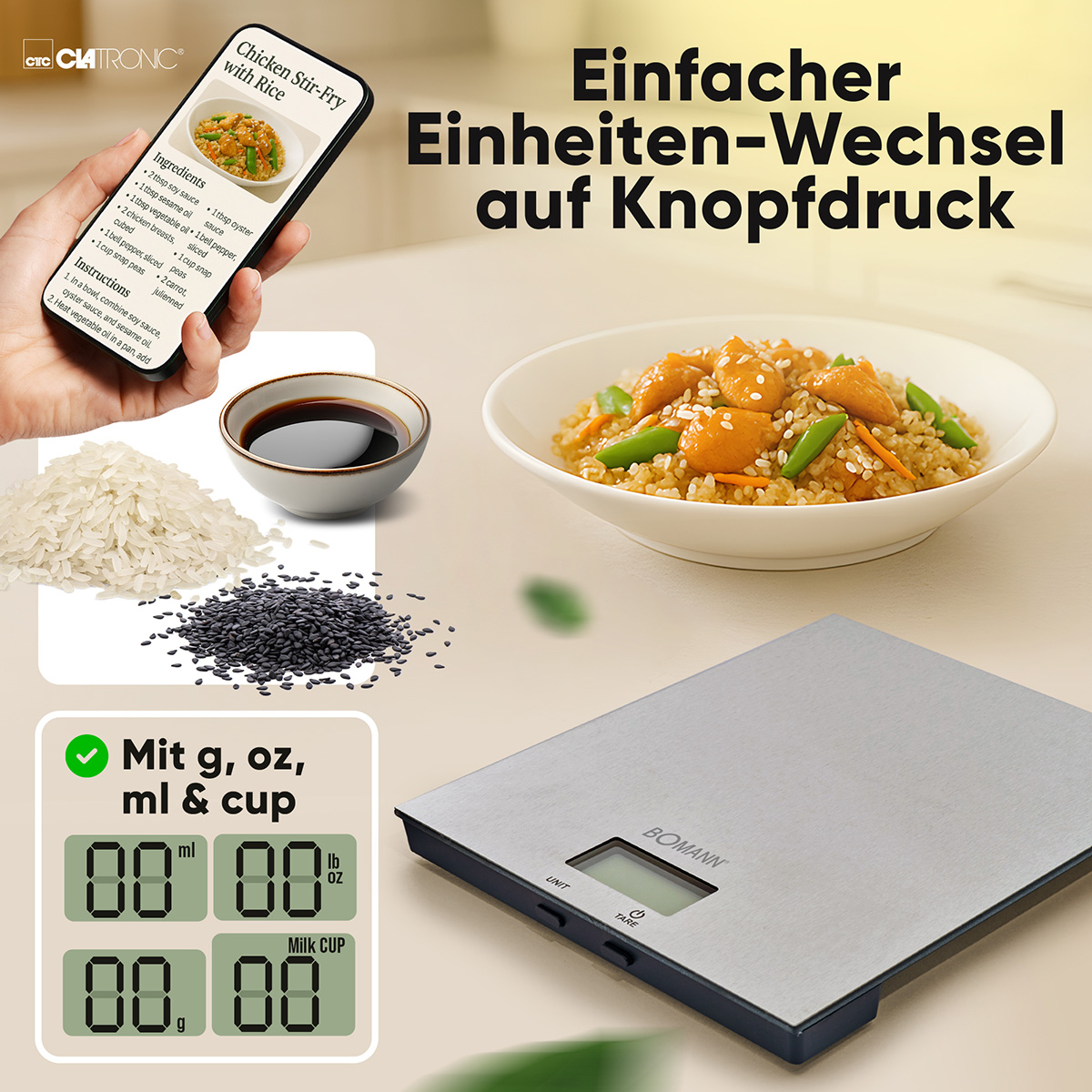 Ein Telefon zeigt ein Rezept für Hühnchen-Stir-Fry. Zutaten werden zusammen mit Reis und Sojasauce gezeigt.