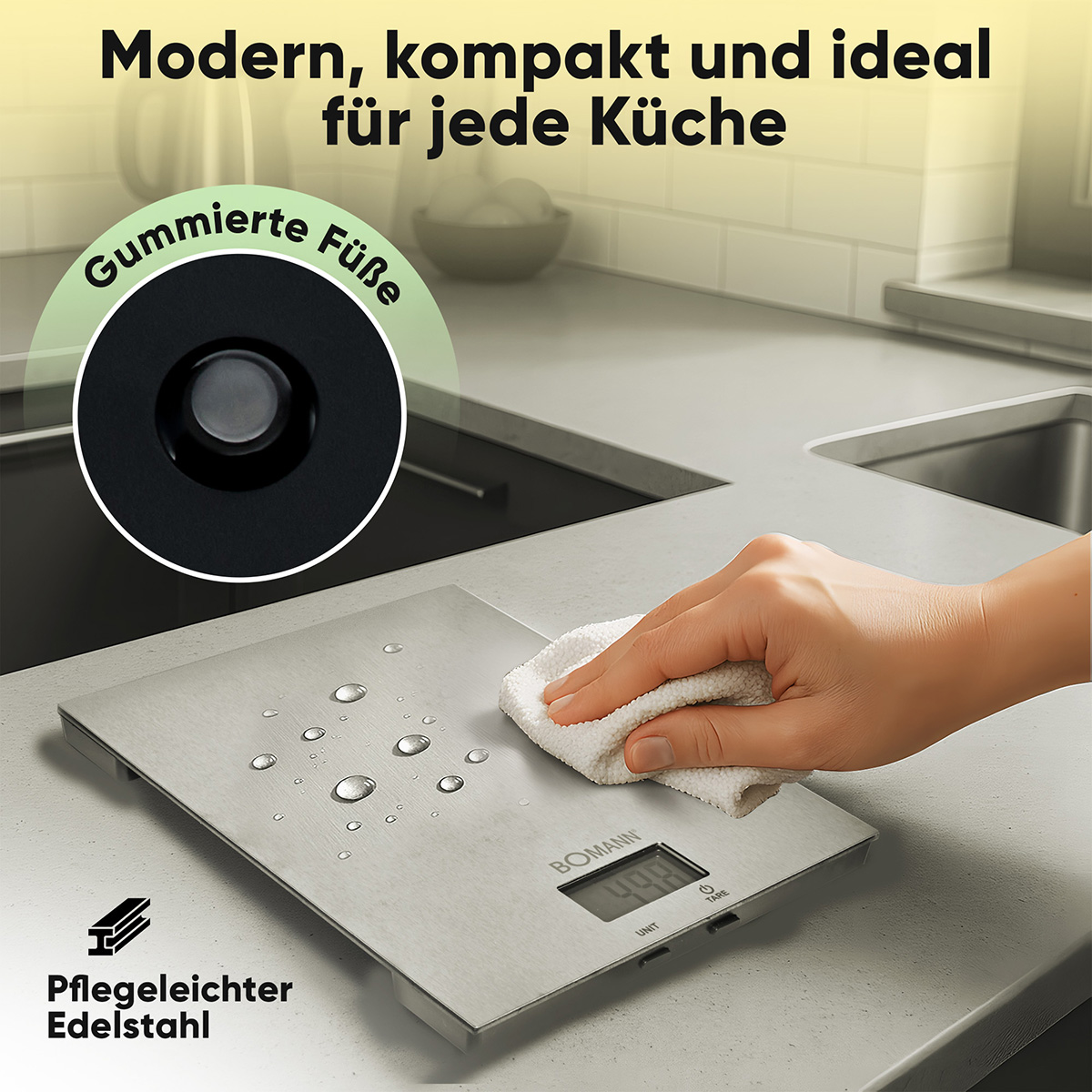 Eine Hand wischt eine digitale Küchenwaage mit einem weißen Tuch ab. Die Waage steht auf einer Küchenarbeitsplatte.