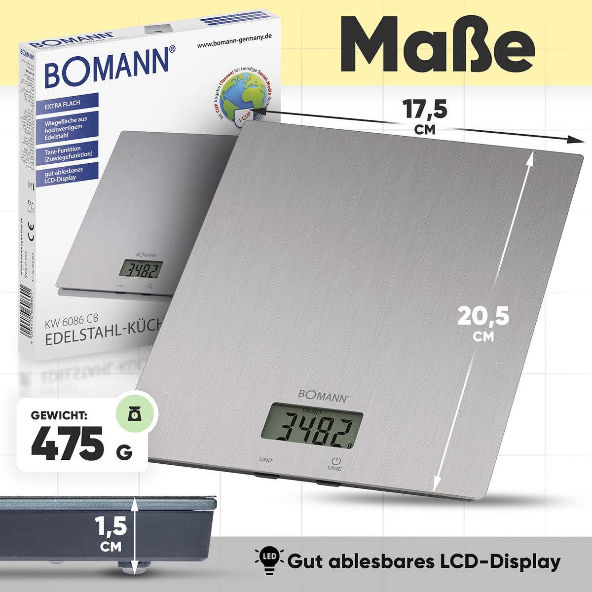Silberne Küchenwaage mit Digitalanzeige, Abmessungen und einer Box mit Produktinformationen. Text: BOMANN, KW 6086 CB.