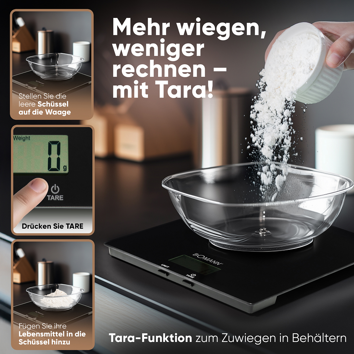 Eine Frau benutzt eine schwarze digitale Küchenwaage. Mehl wird in eine Schüssel auf der Waage gegeben.