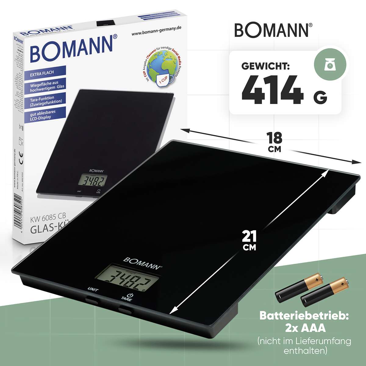 Schwarze digitale Küchenwaage mit Display. Box zeigt Waage, Maße und Gewicht von 414g. Batterien sind erforderlich.