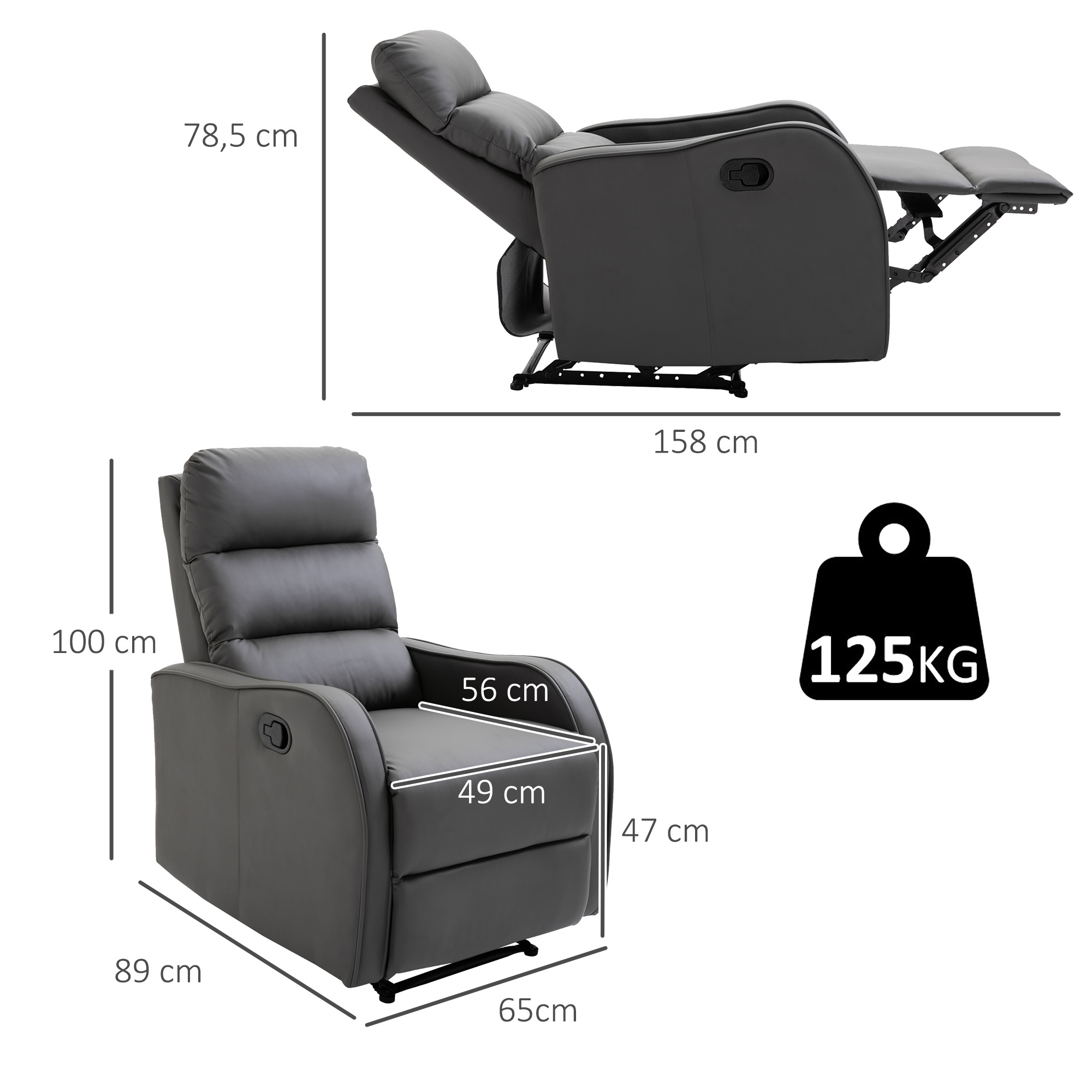 Grauer Relaxsessel in zwei Positionen: aufrecht und zurückgelehnt. Abmessungen sind angegeben. Tragfähigkeit 125KG.