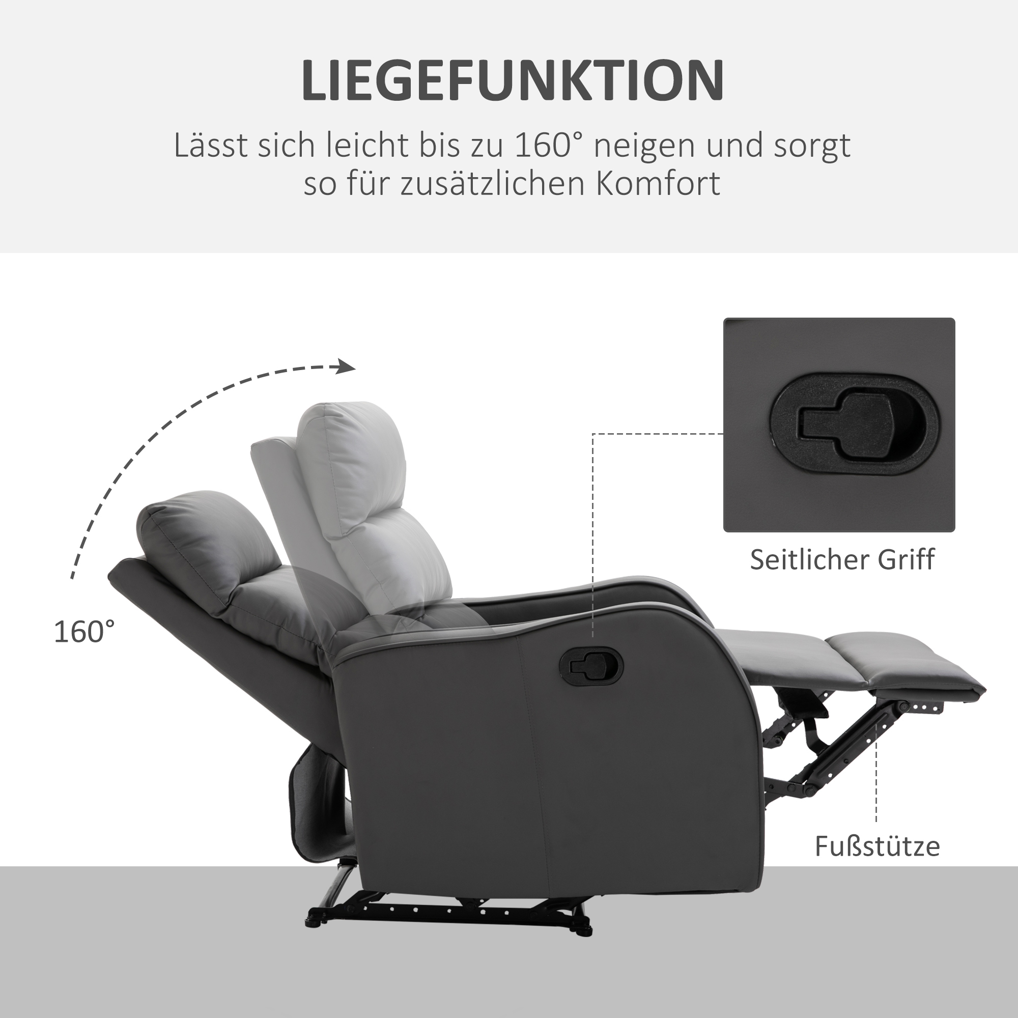Ein Relaxsessel in zurückgelehnter Position. Der Rücken ist um 160 Grad abgewinkelt. Die Fußstütze ist ausgezogen.
