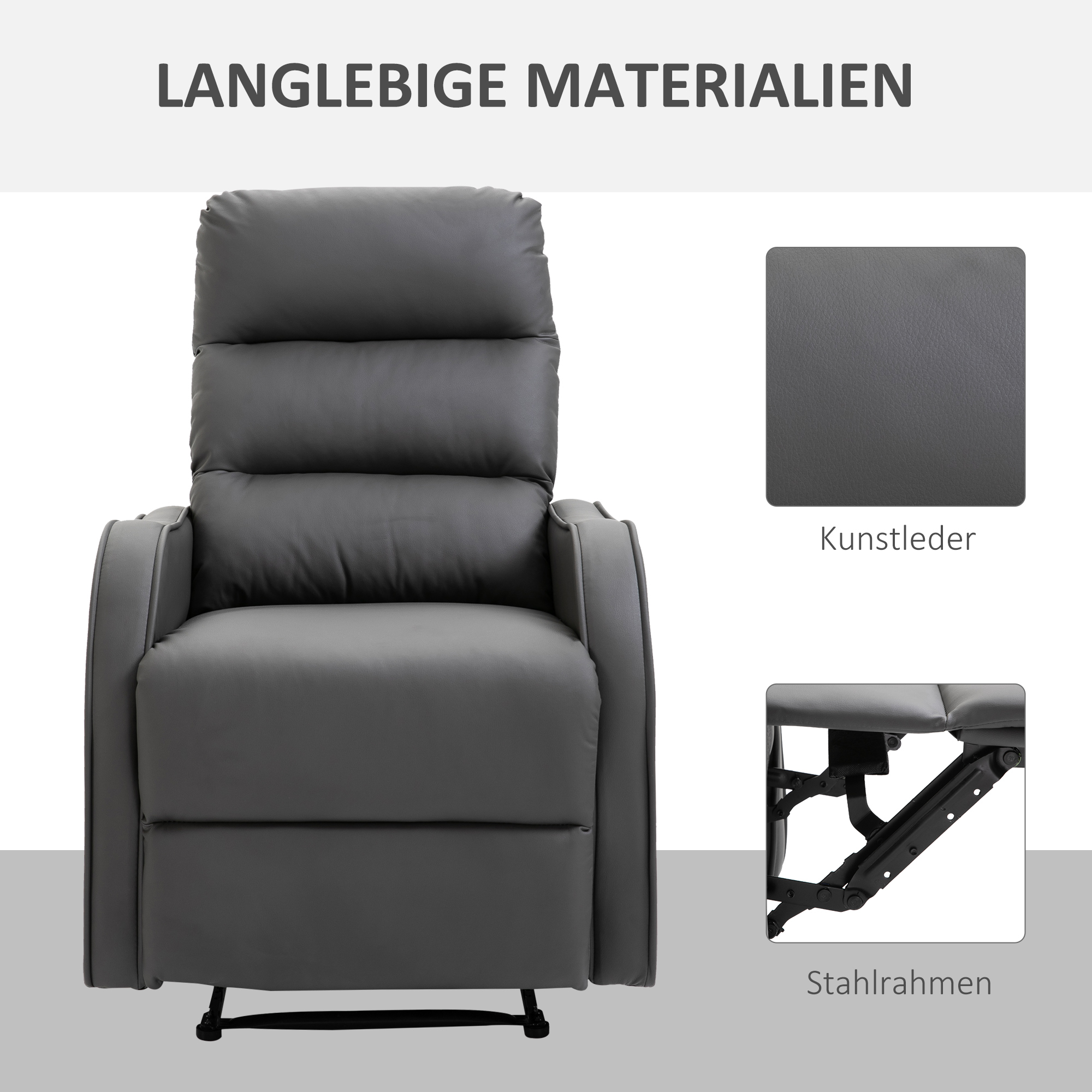 Ein grauer Relaxsessel mit detaillierten Paneelen. Er hat eine Kopfstütze und Armlehnen. Daneben ein Stoffmuster und Metallrahmen.
