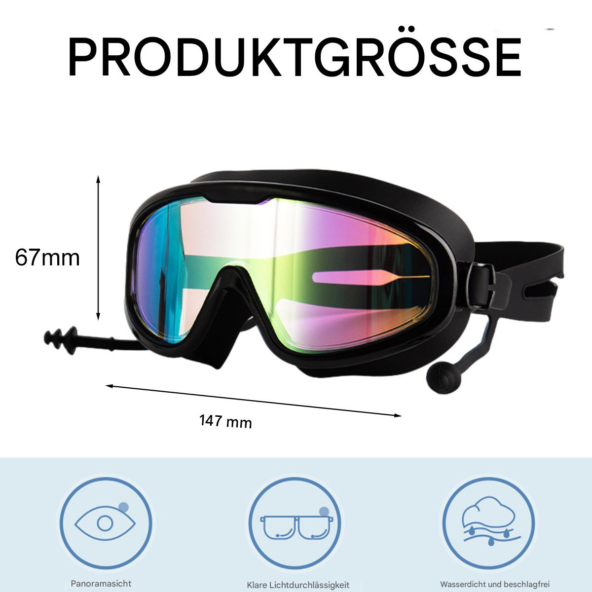 Schwimmbrille mit Abmessungen und Funktionen. Sie hat eine Panoramasicht, klare Gläser und ist wasserdicht.