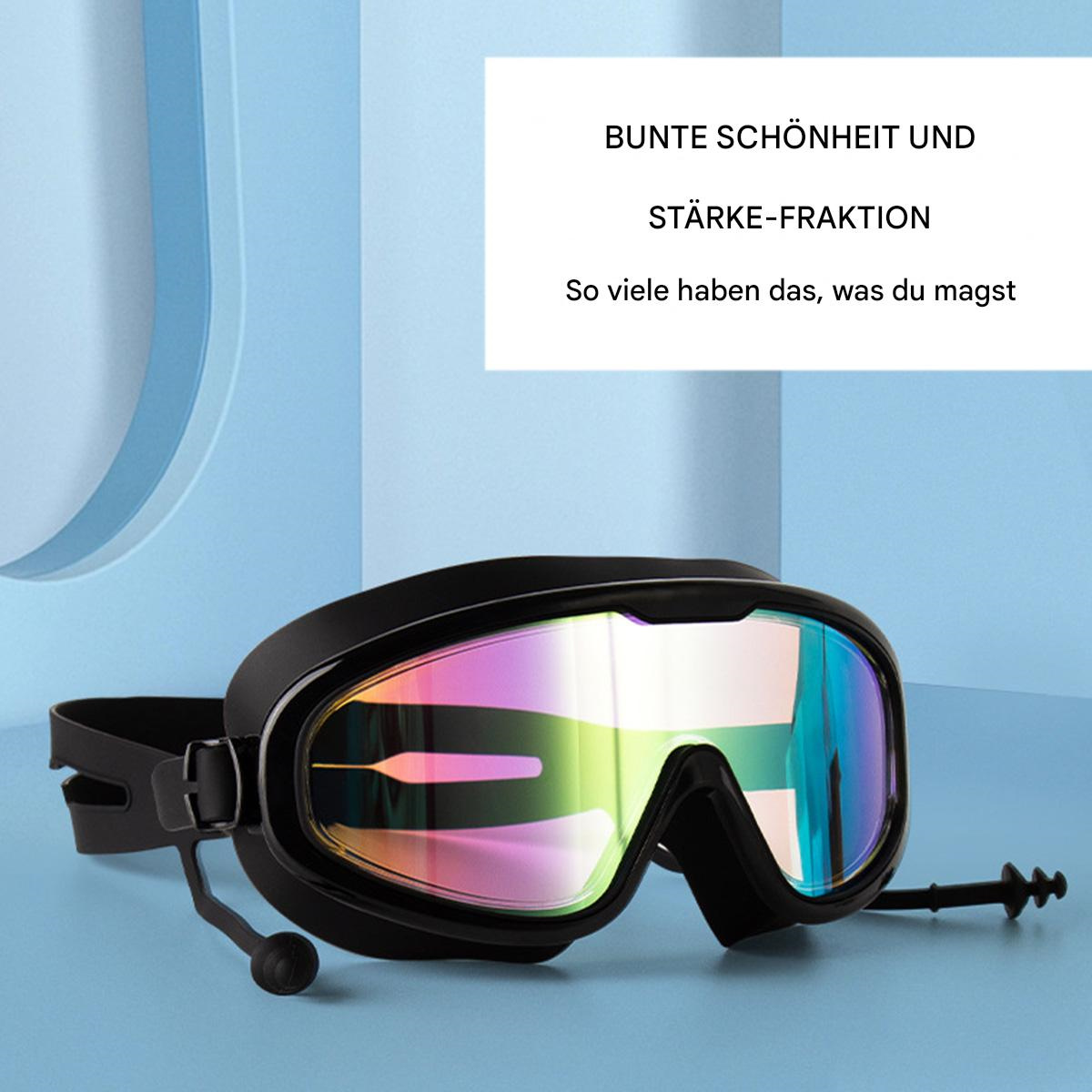Schwarze Schwimmbrille mit lebendiger Linse. Text: Bunte Schönheit und Stärke-Fraktion. So viele haben das, was du magst.