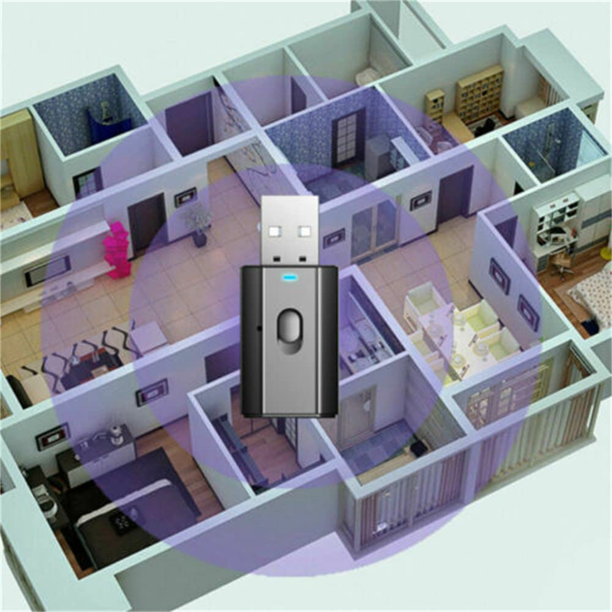 Ein Bluetooth-Adapter, der in einen USB-Anschluss in einem Gebäudemodell eingesteckt ist. Die Räume sind sichtbar, und die Signalverbreitung.