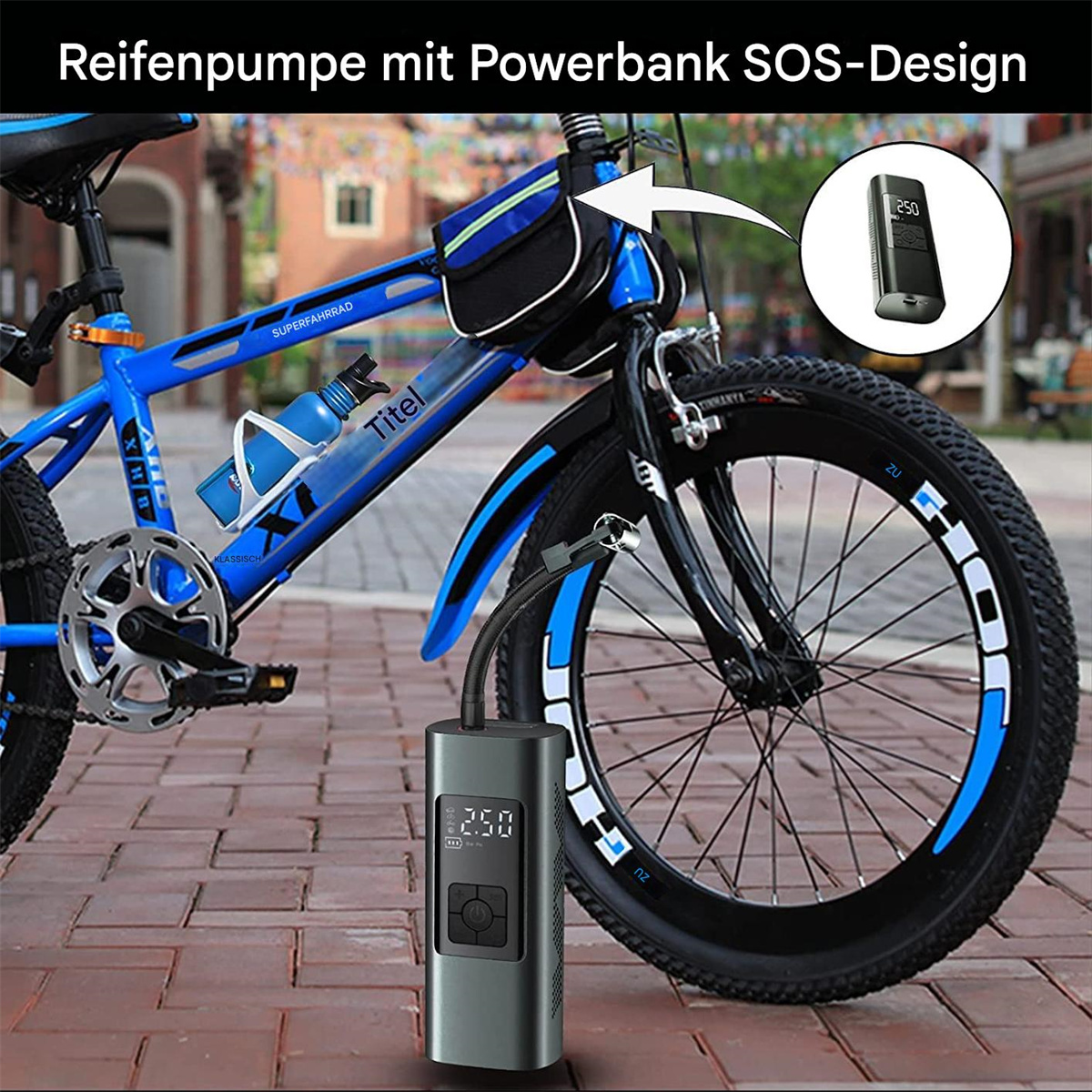 Blaues Fahrrad mit schwarzer Reifenpumpe. Die Pumpe zeigt einen Druckwert an.