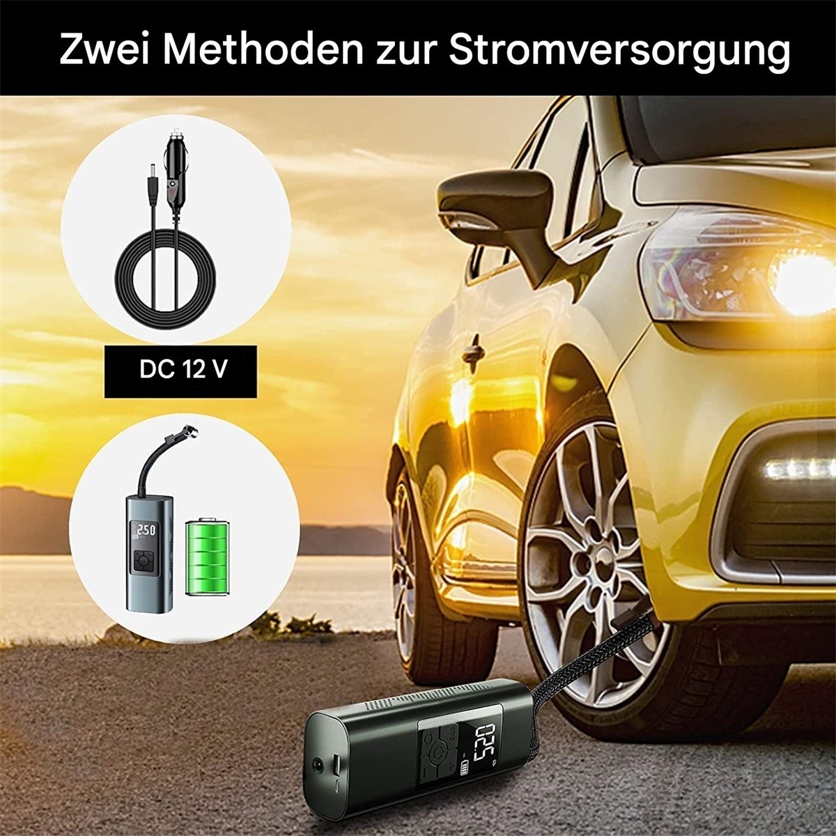 Reifenfüller für das Auto, gezeigt mit DC 12V-Stromversorgung und batteriebetrieben. Schwarz-grünes Gerät.