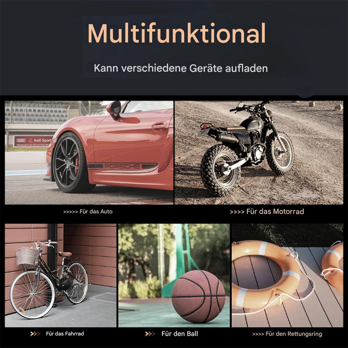 Mehrere Bilder mit verschiedenen Gegenständen: Auto, Motorrad, Fahrrad, Basketball, Rettungsring.