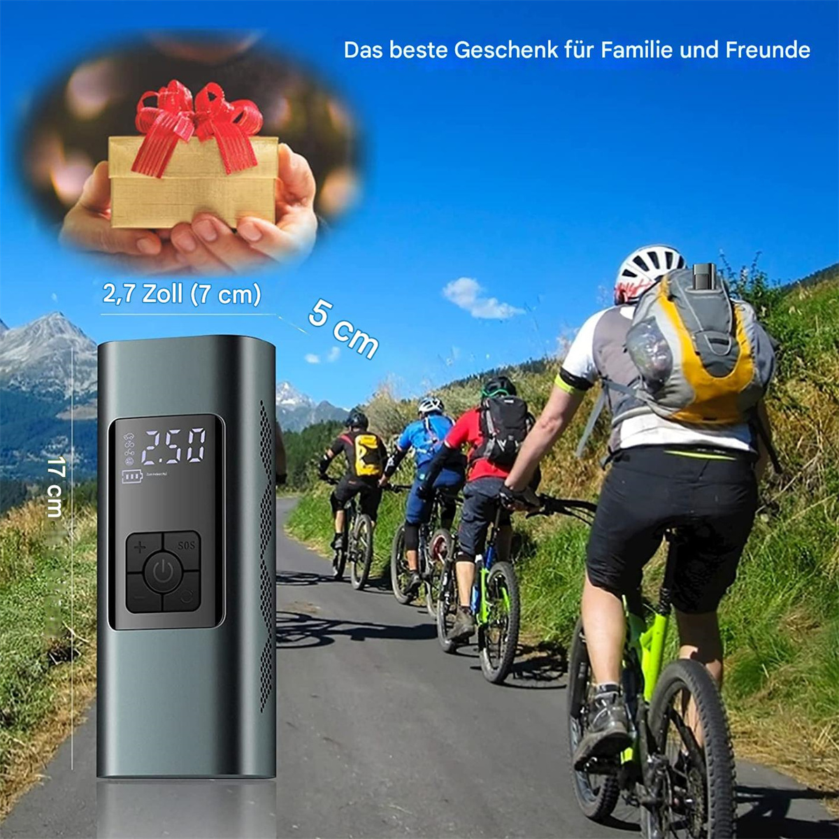 Pumpe mit Display und Radfahrern im Hintergrund, und eine Geschenkbox.