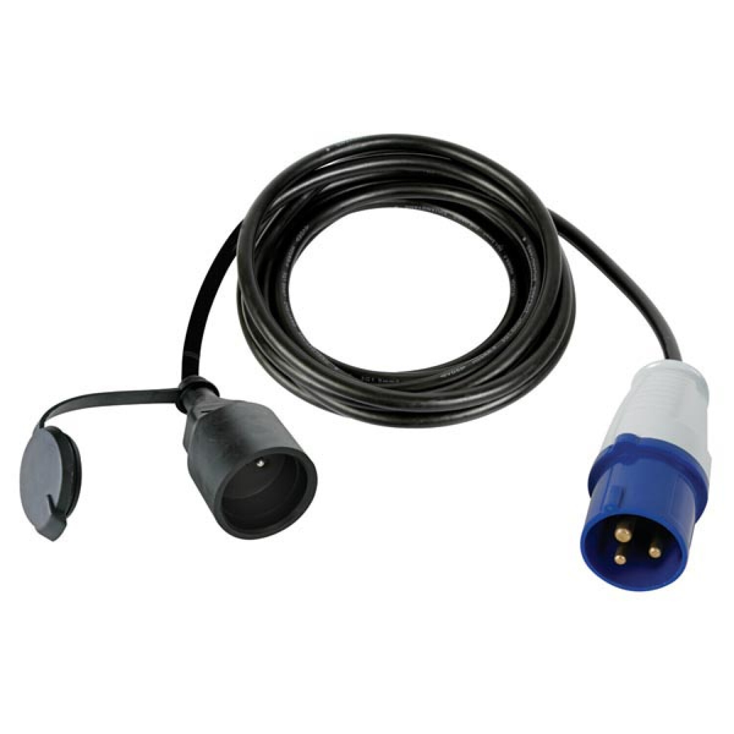 Schwarzes Netzkabel mit schwarzer Steckdose und blau-weißem Stecker auf weißem Grund.