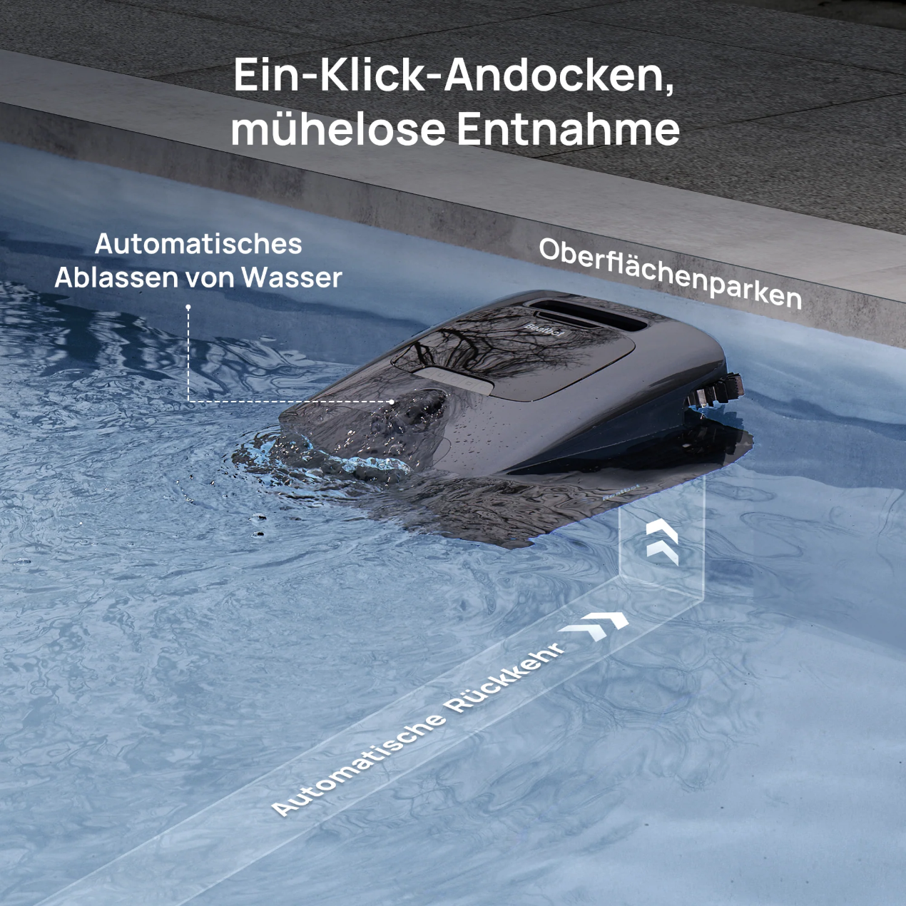 Limpiador de piscina en una piscina, con flechas que indican la liberación automática de agua y el estacionamiento en superficie.