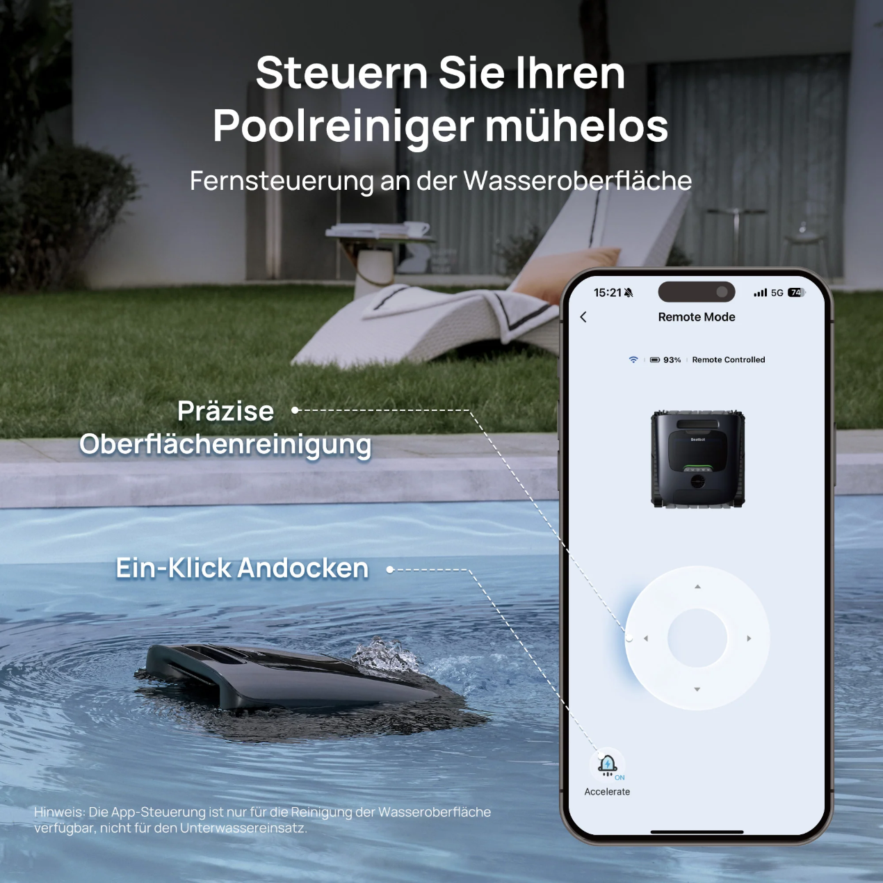 Un teléfono inteligente controla un limpiador de piscinas. Muestra el modo remoto con un limpiador negro en el agua. Texto: Präzise Oberflächenreinigung.