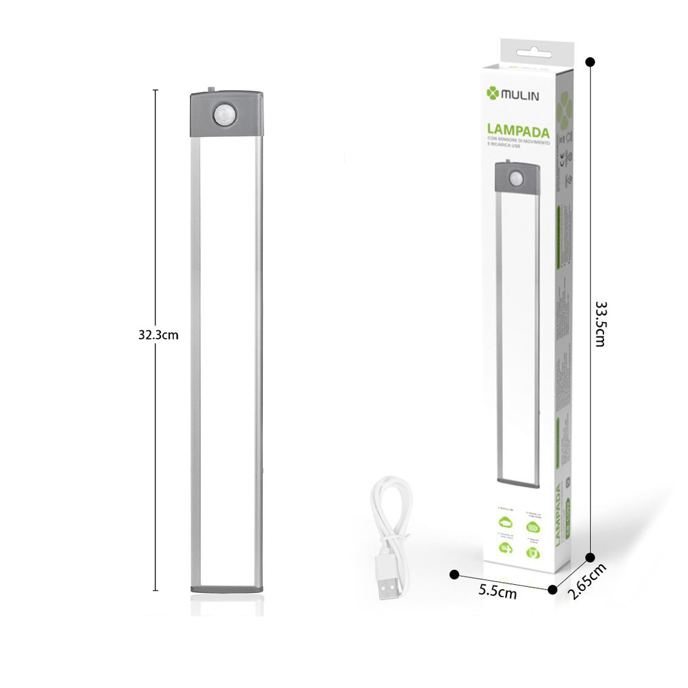 Una lampada LED rettangolare, la sua confezione e un cavo USB sono mostrati. Le dimensioni sono indicate.