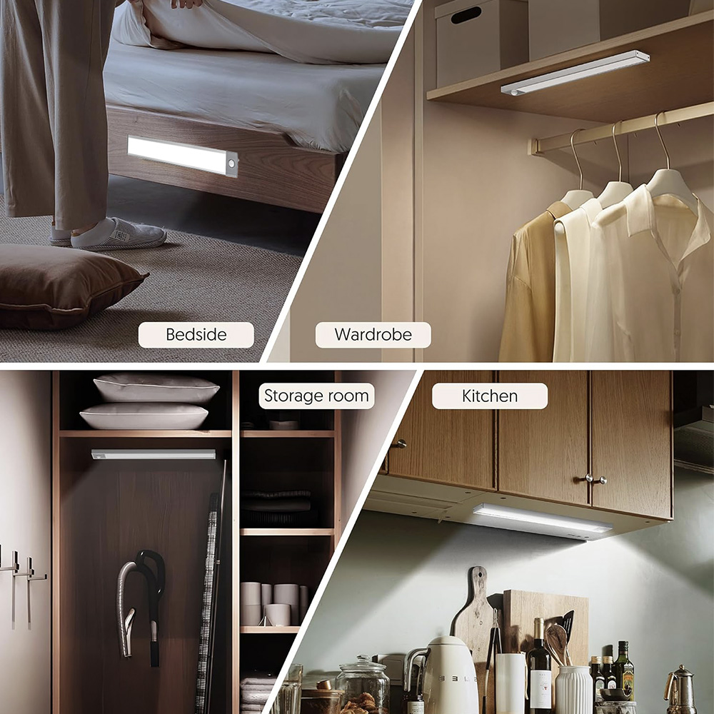 Quattro scene mostrano luci a LED in una camera da letto, un guardaroba, un ripostiglio e una cucina, dimostrando casi d'uso.
