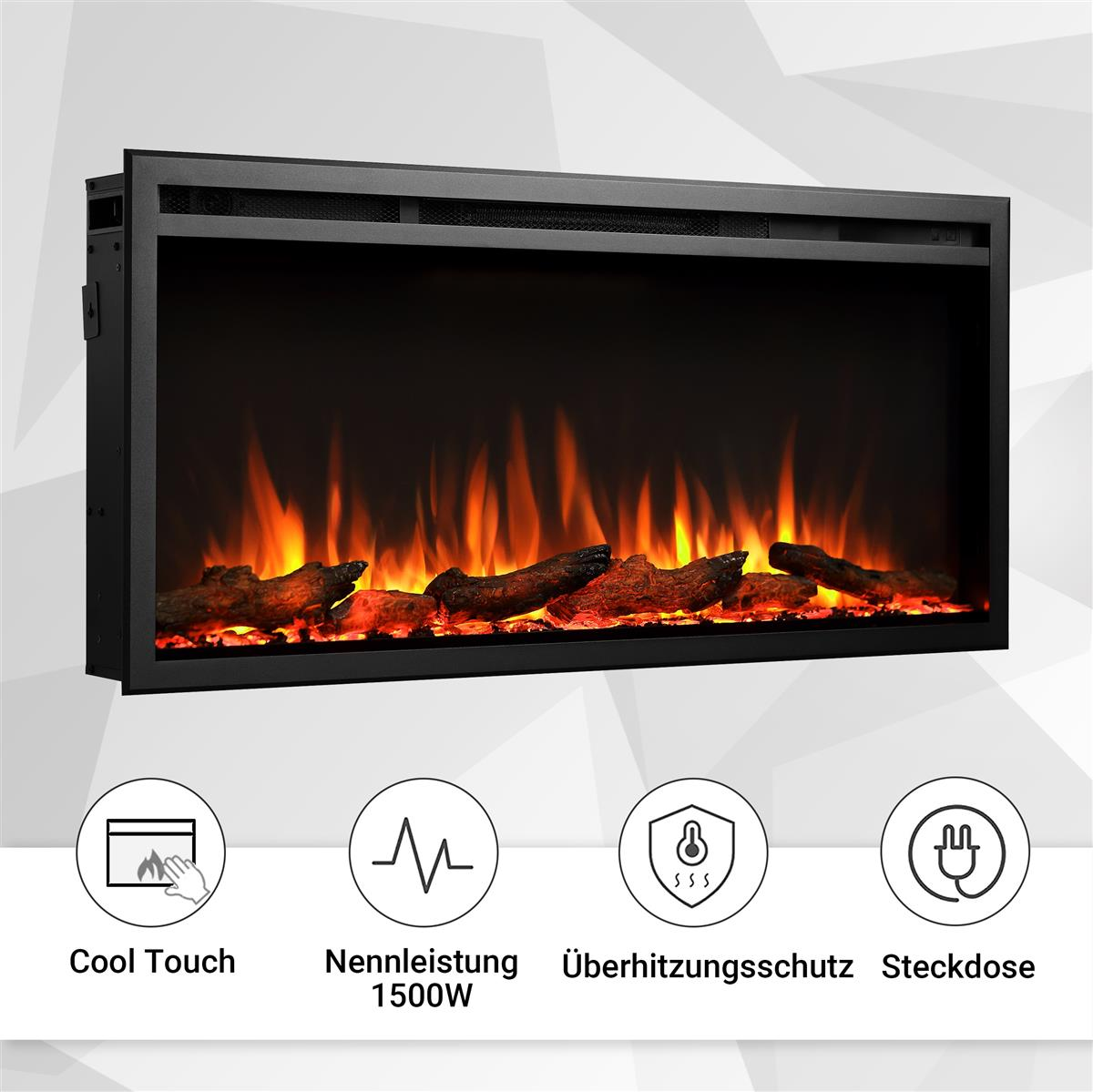 Ein schwarzer Elektrokamin mit realistischer Flammeneffekt und Symbolen für Cool Touch, Leistung und Überhitzung.