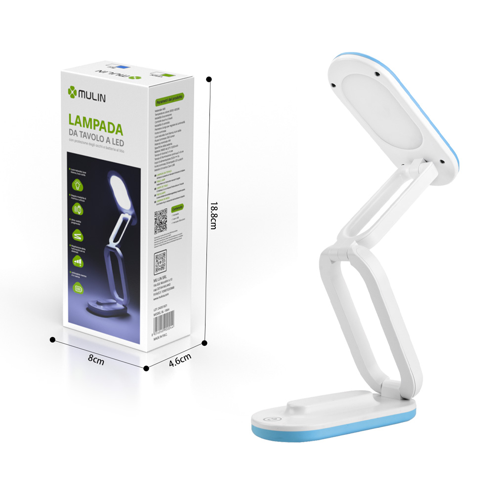 Una lampada da scrivania a LED pieghevole con un design bianco e blu. Viene mostrata con la sua confezione, illustrando le sue caratteristiche.