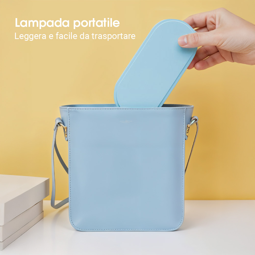 Un contenitore azzurro chiaro viene inserito in una borsa azzurra, il testo recita 'Lampada portatile'. Uno sfondo giallo.
